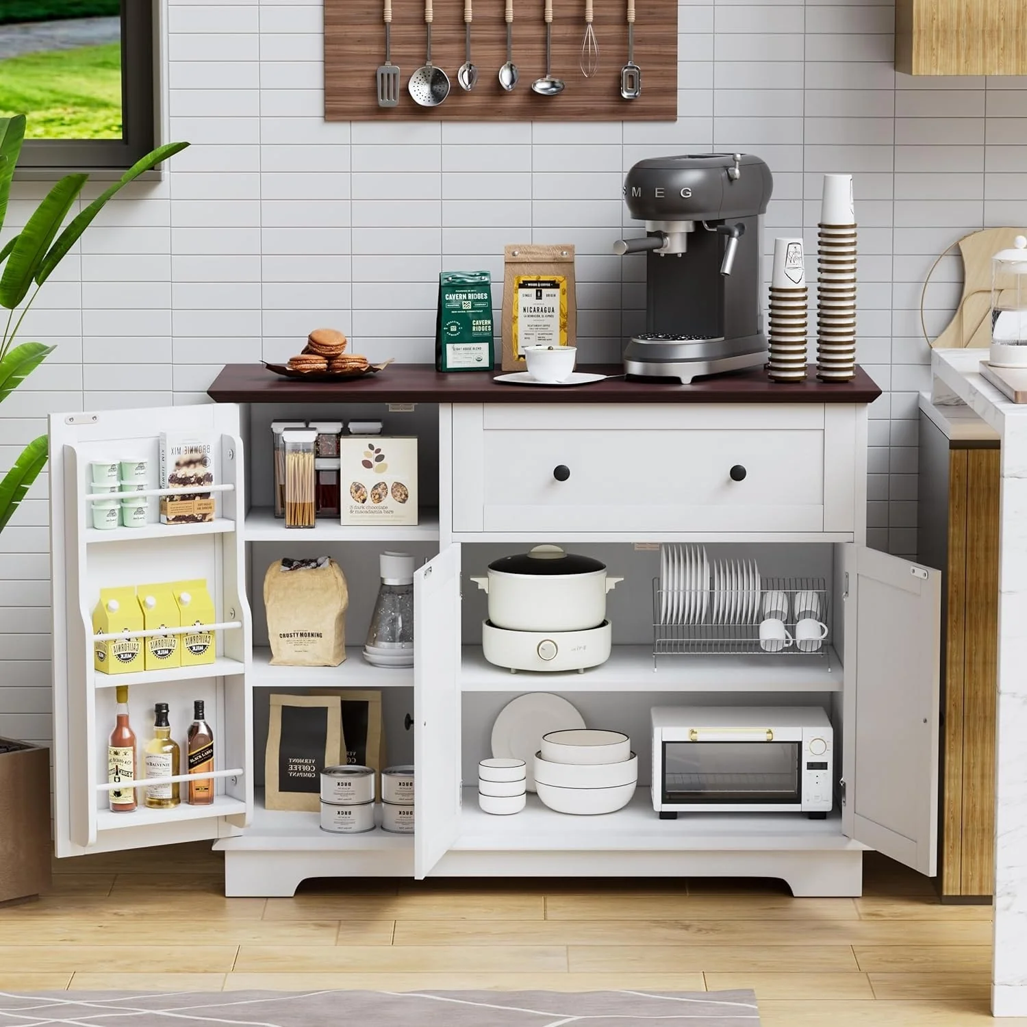 Kitchen Island with Storage, Farmhouse Sideboard Cabinet, Storage Cabinet, White