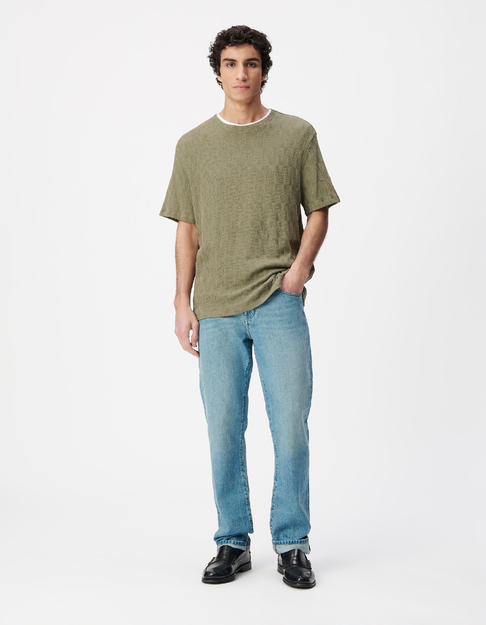 T-shirt col rond kaki maille relief Homme