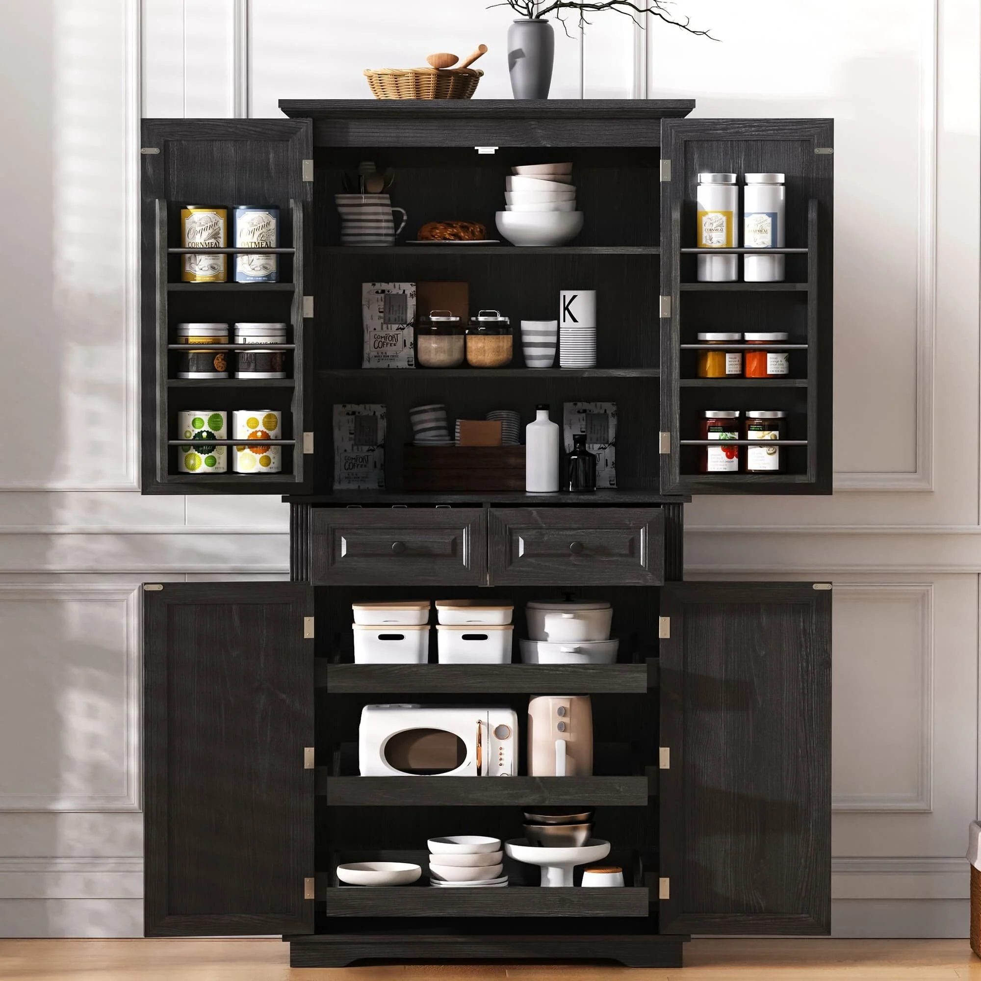 Kitchen Pantry Storage Cabinet Cupboard with 3 Pull Out Organizers