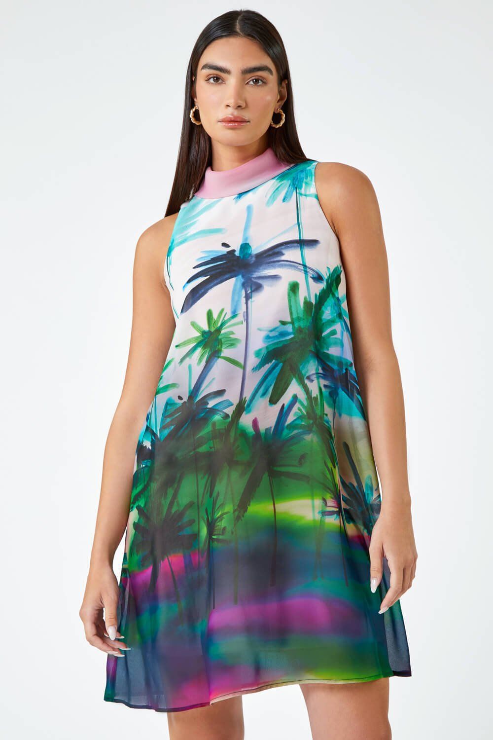 Roman LIMITED Tropical High Neck Chiffon Shift Dress