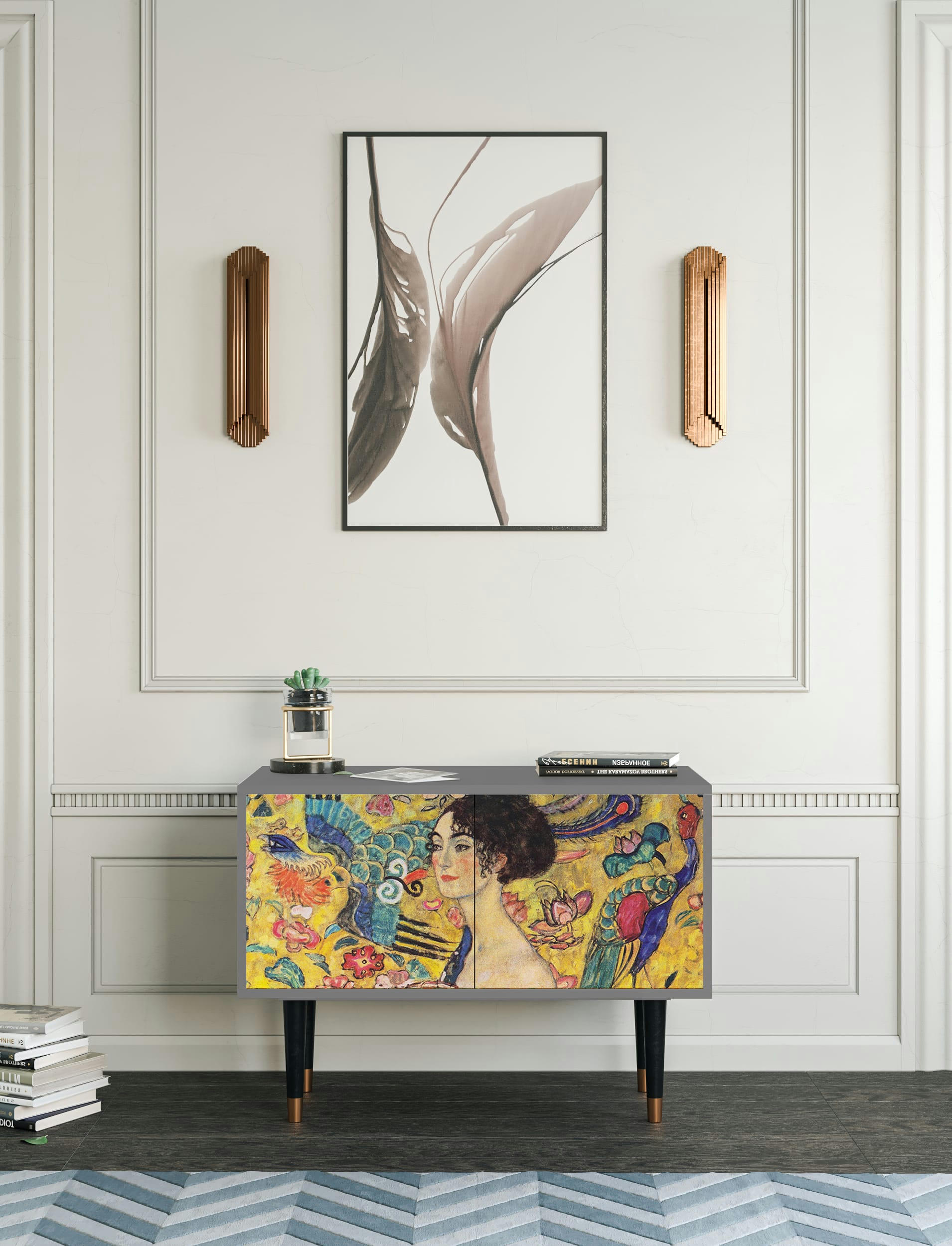 LADY WITH FAN BY GUSTAV KLIMT - Buffet bas  jaune 2 portes L 94 cm