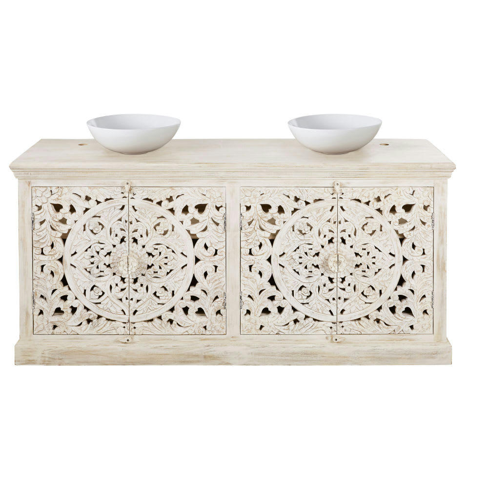 Kerala - Meuble double vasque en manguier massif blanc effet vieilli