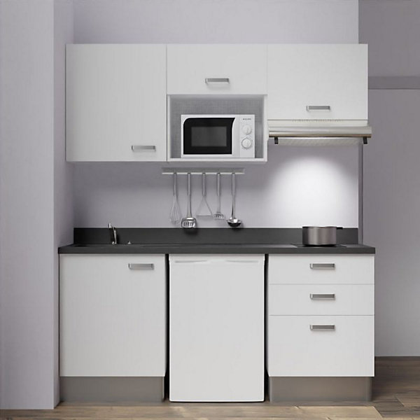 Kitchenette K20 - 180 cm - façades Blanc - Plan monobloc en quartz coloris Nero évier à gauche
