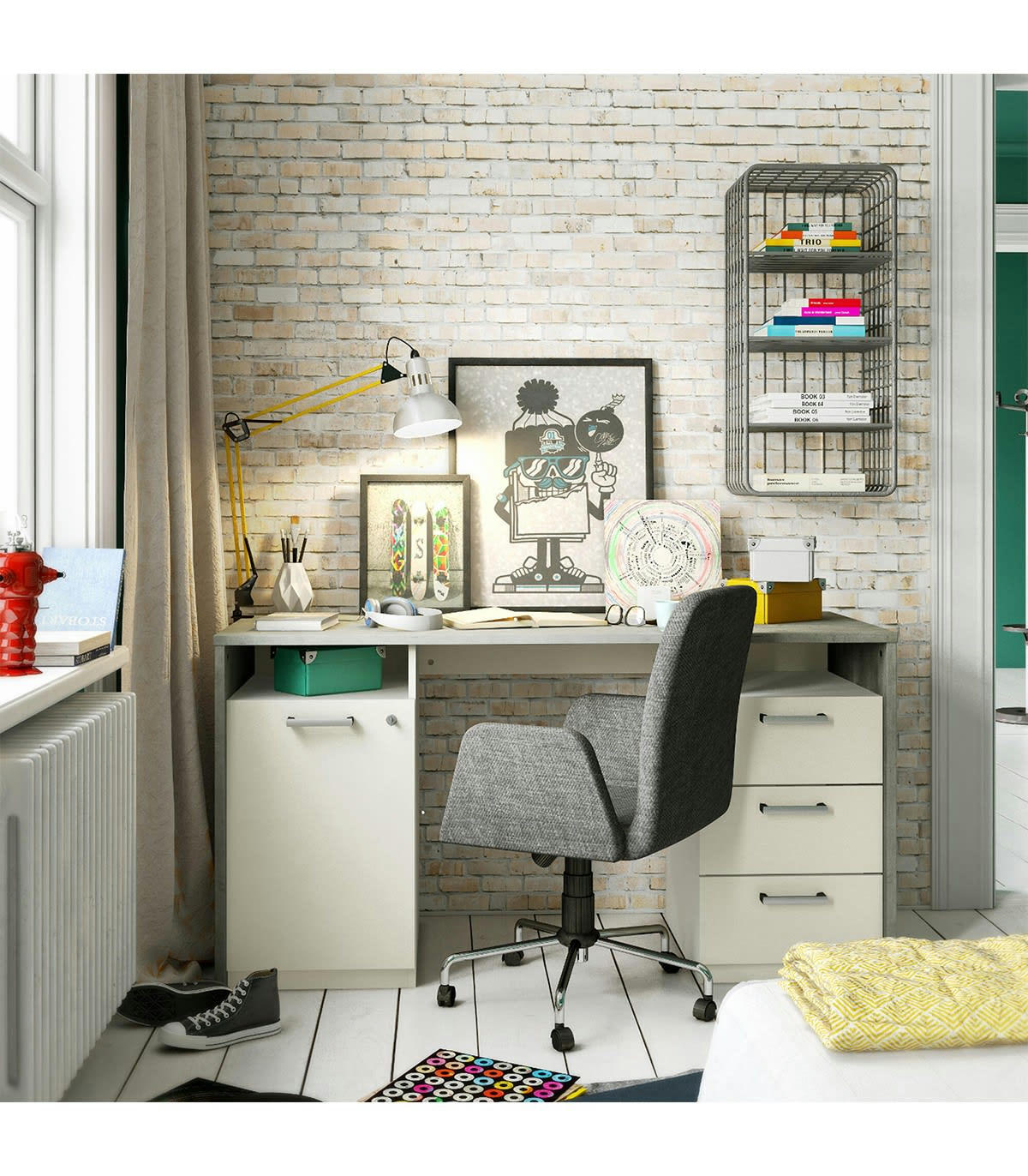 STANFORD - Bureau 1 Porte et 3 Tiroirs L145 cm - Décor gris béton et blanc