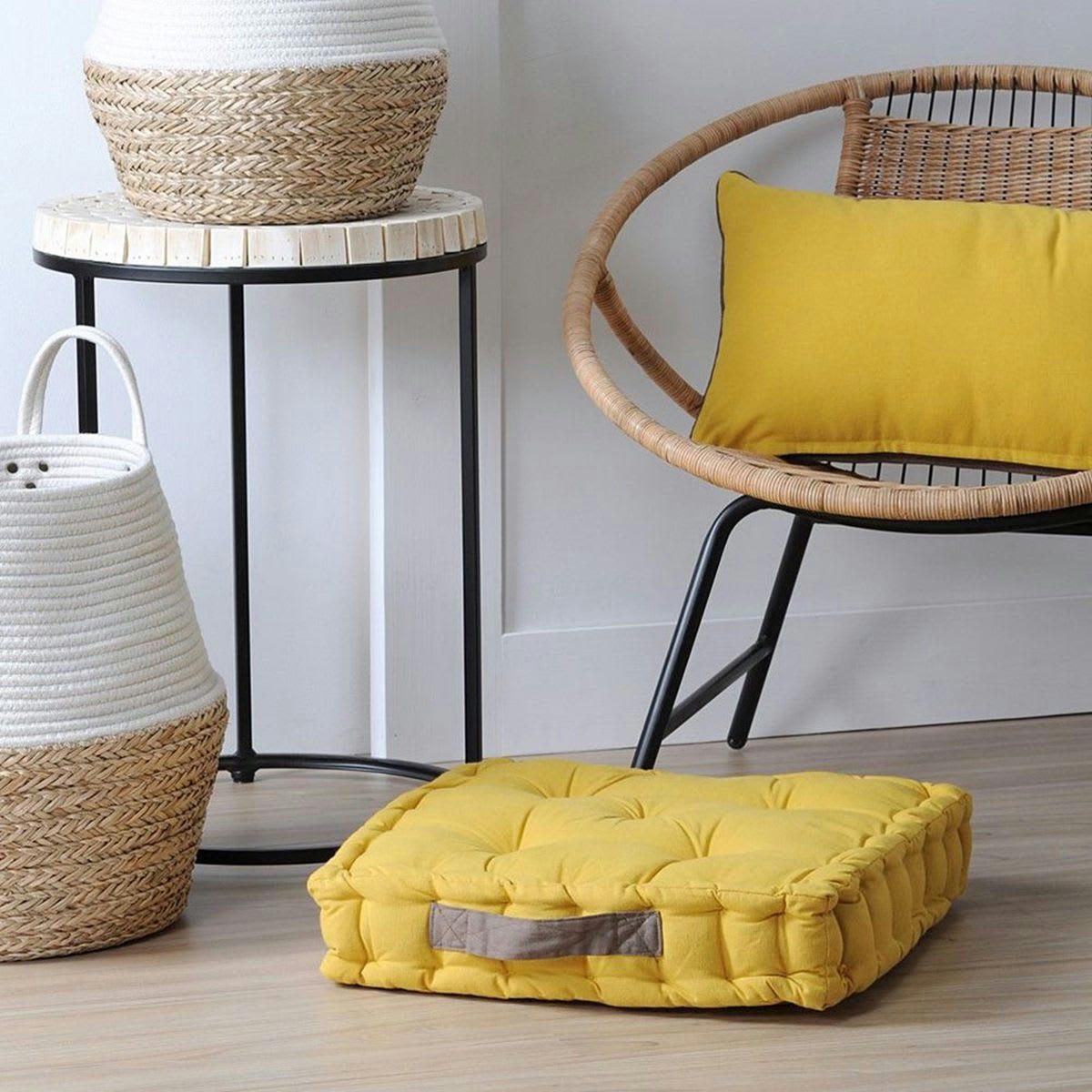 - Coussin de sol bicolore coton moutarde/taupe 45 x 45