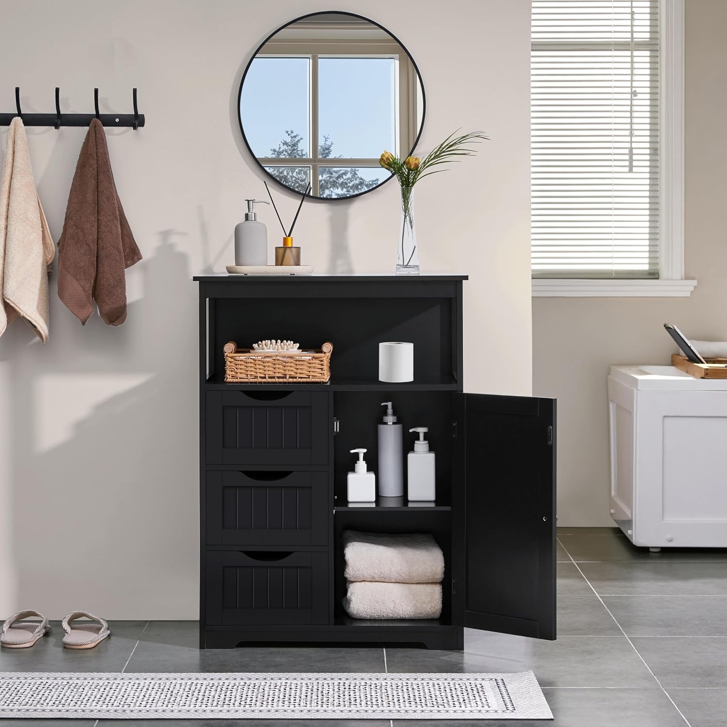 Yaheetech Bathroom Storage Cabinet Bathroom Floor Cabinet Freestanding Organizer and Storage with Door, 3 Drawers, Adjustable Shelf, 35.5 Inches Height, Black Cabinet