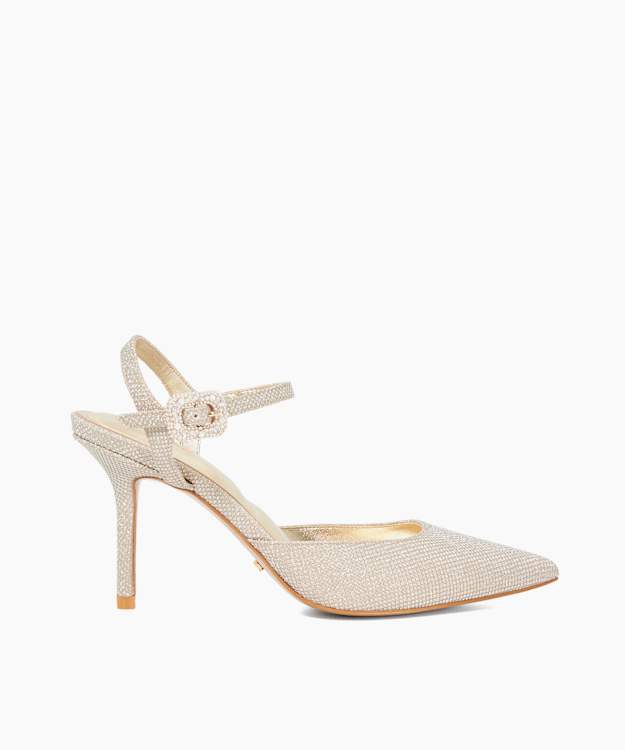 Channel Gold - Wide Fit Buckle Detail Embellished Heeled Courts