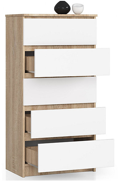 Commode AKORD K60 Chêne Sonoma 60 cm 5 tiroirs façade Blanche 60x40x121 cm
