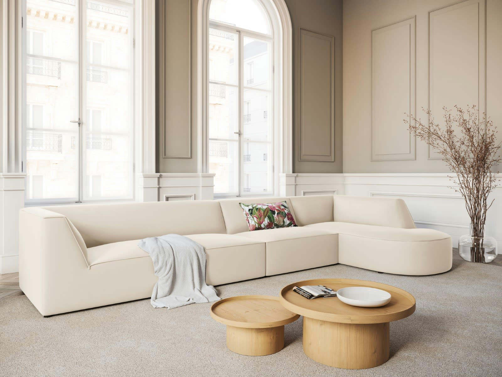 CHARLES - Canapé D'Angle Droit 5 places en Velours Beige