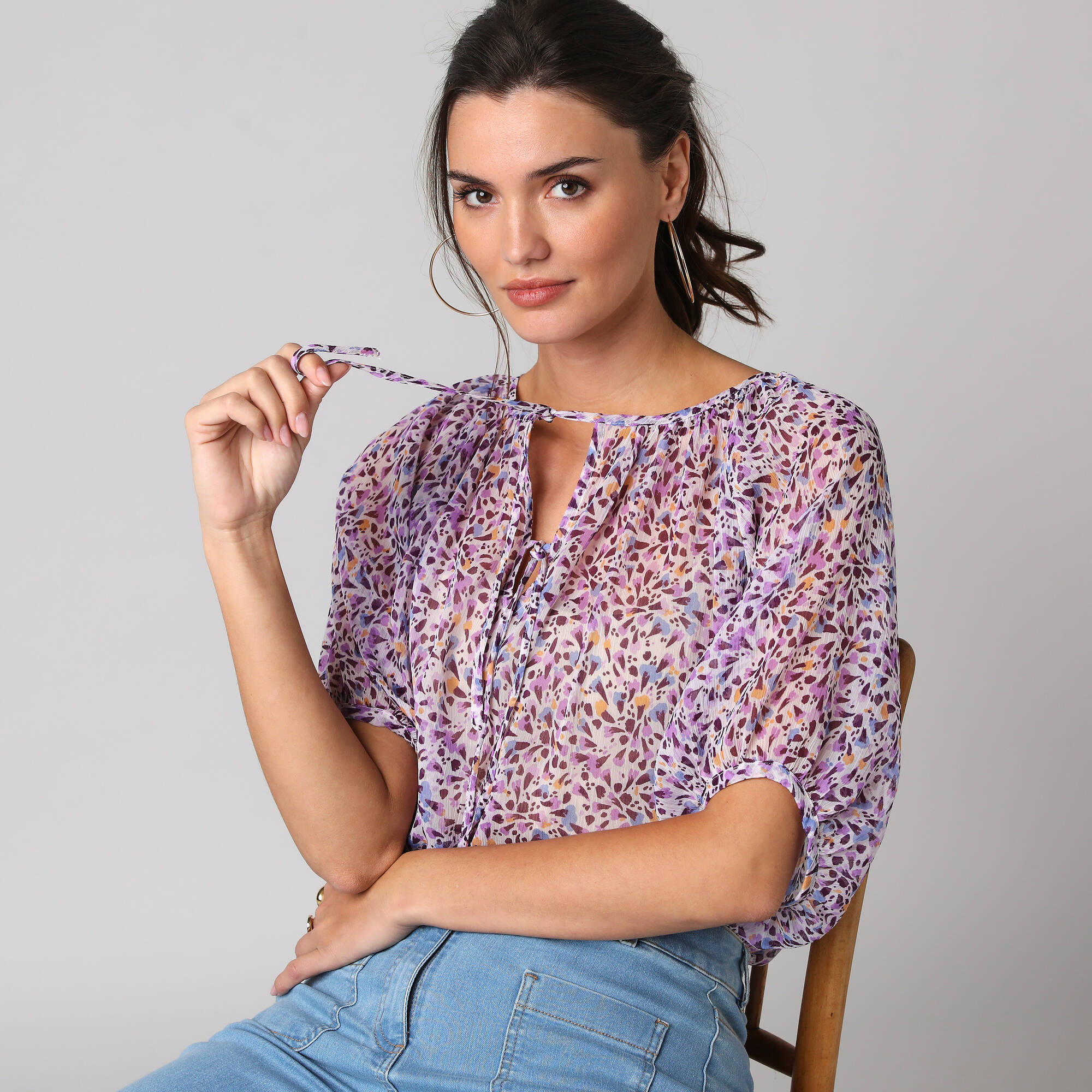 Blouse manches coude voile chiffon, col froncé