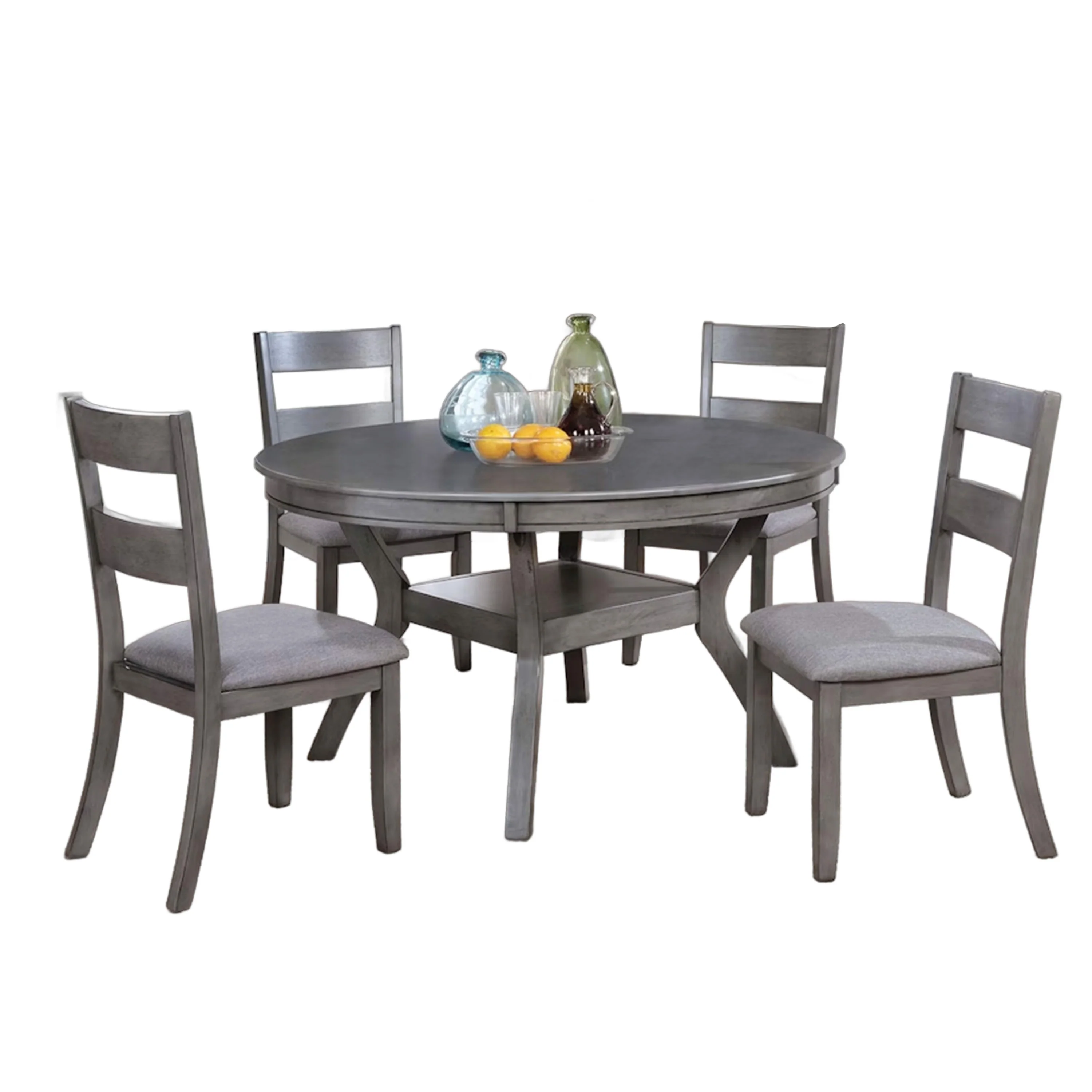 Juny 5pc Round Dining Table Set with Open Lower Shelf, Gray Solid Wood