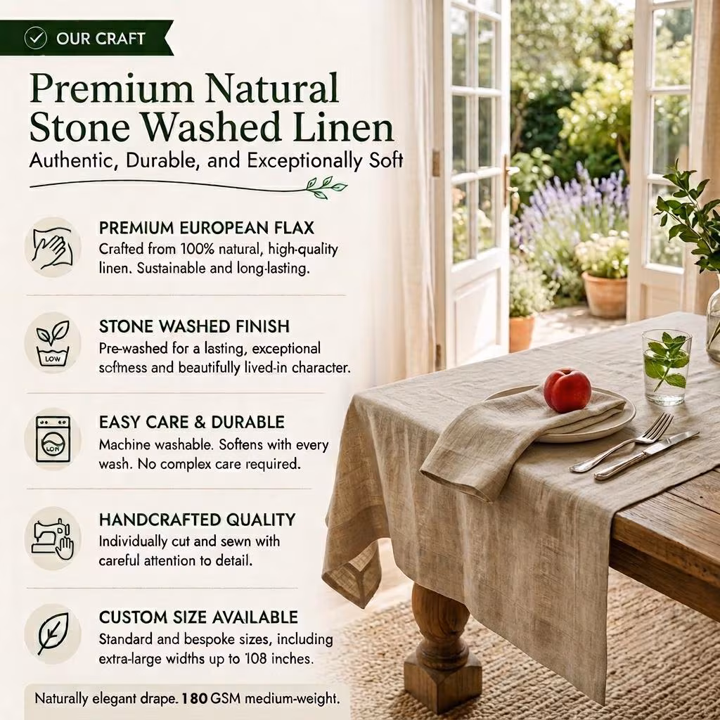 French Linen Tablecloth with Lace – Custom Size, Handmade, Matching Napkins, Wedding & Farmhouse Dining Décor, Rectangle or Square