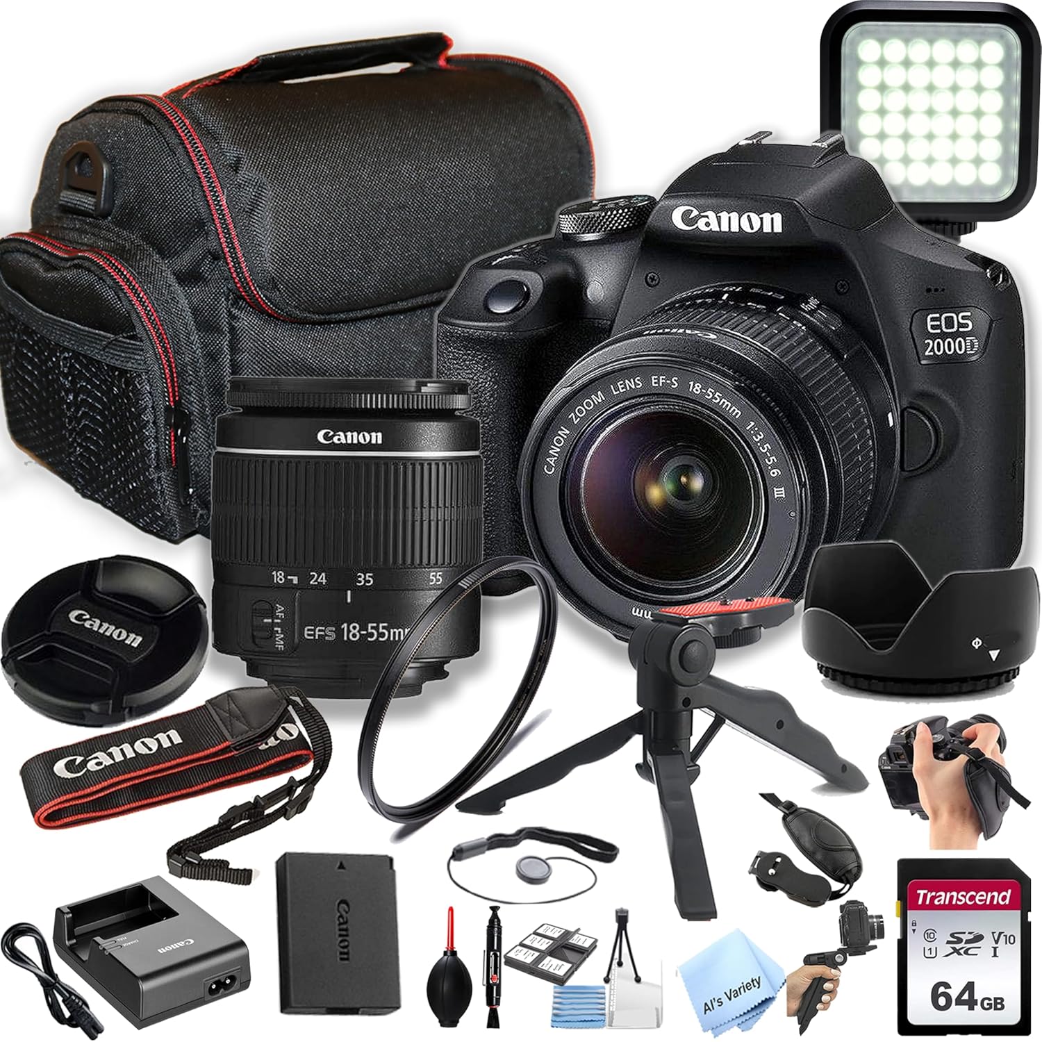 Canon EOS 2000D / Rebel T7 DSLR Camera w/EF-S 18-55mm F/3.5-5.6 Zoom Lens + 64GB Memory  LED Video Light  Case  Gripster Tripod  and More (Essential Bundle) (Renewed)