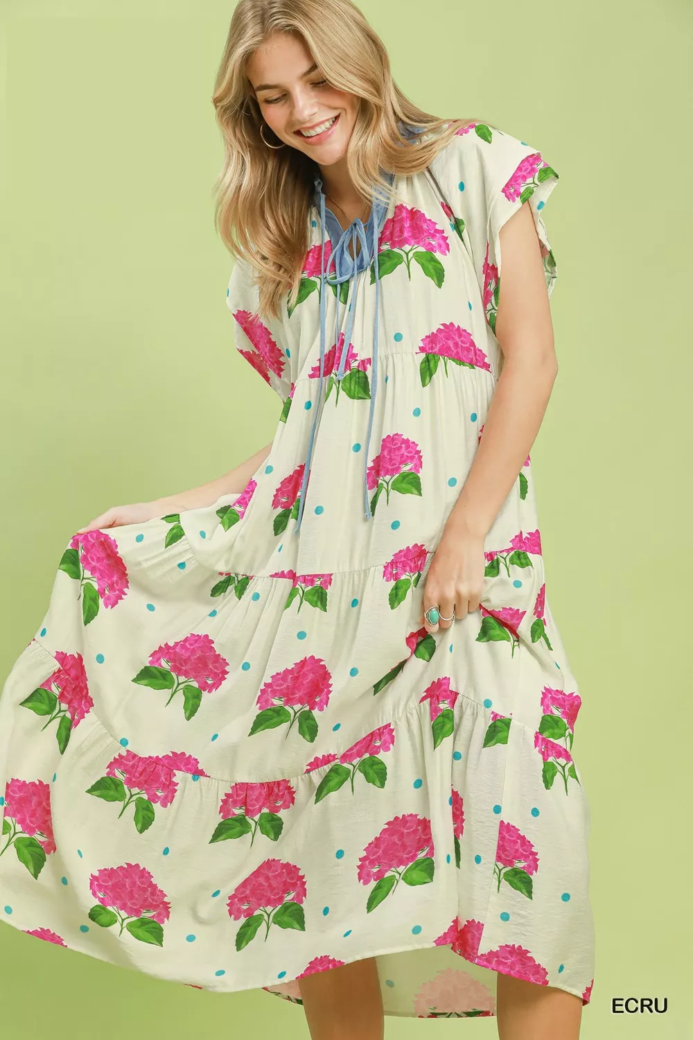 Hydrangea Print Tiered Midi Dress