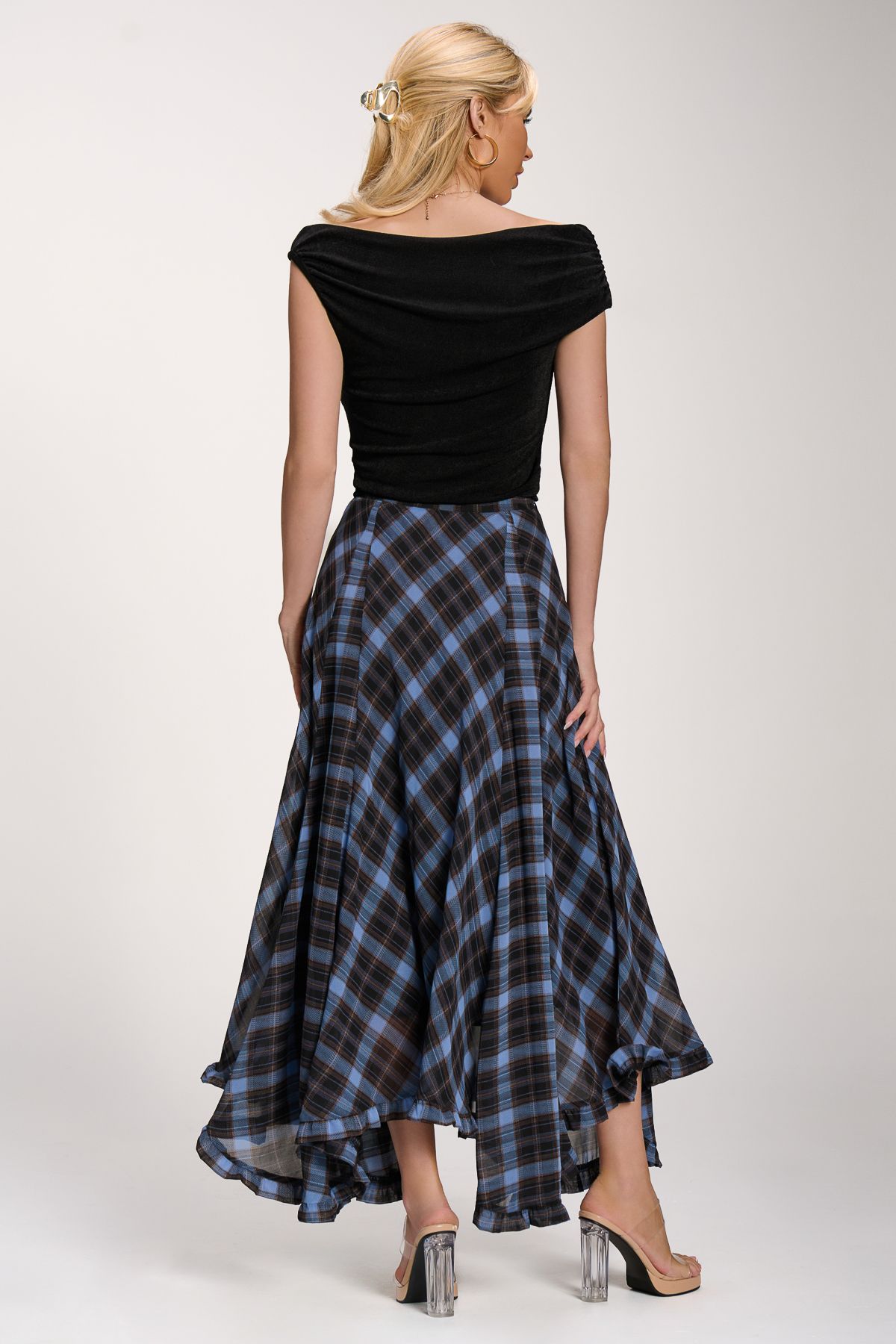 Jolie Moi Checked Chiffon Hem Maxi Skirt
