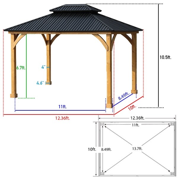 Aoodor Patio Solid Wooden Gazebo 10 x 12 ft. Hardtop Roof 2 - Tier for Garden, Black Canopy
