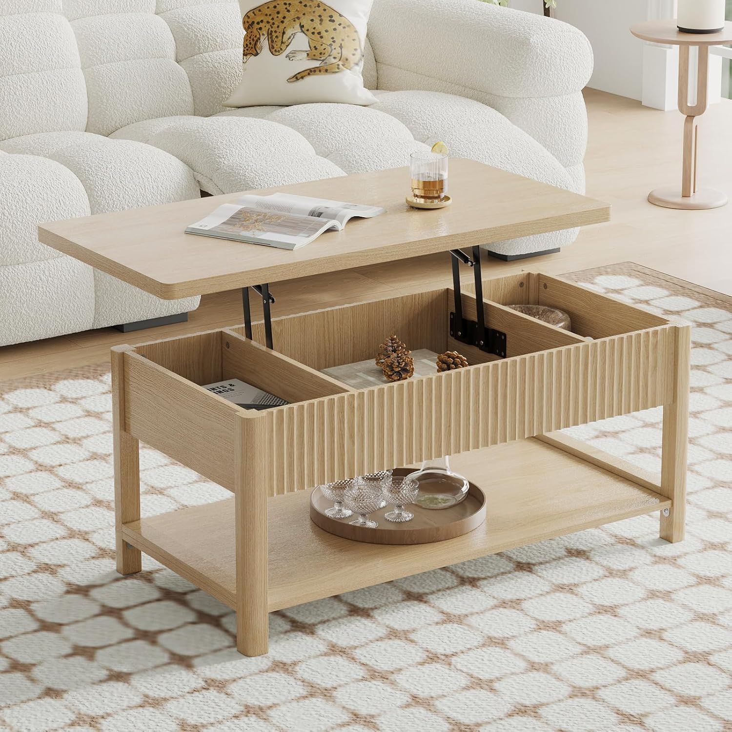 Lift Top Coffee Table with Storage for Living Room, 2-in-1 Modern Center Table & Desk with Hidden Storage Compartment & Open Shelf, Space Saving for Small Space & Apartment (Oak)