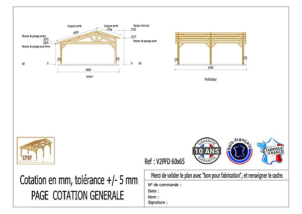Carport 2 pentes faitage décalé, 600cmx650cm, Bois DOUGLAS Français(Charpente en bois-auvent-abri voiture)39 m².Garantie 10 ans