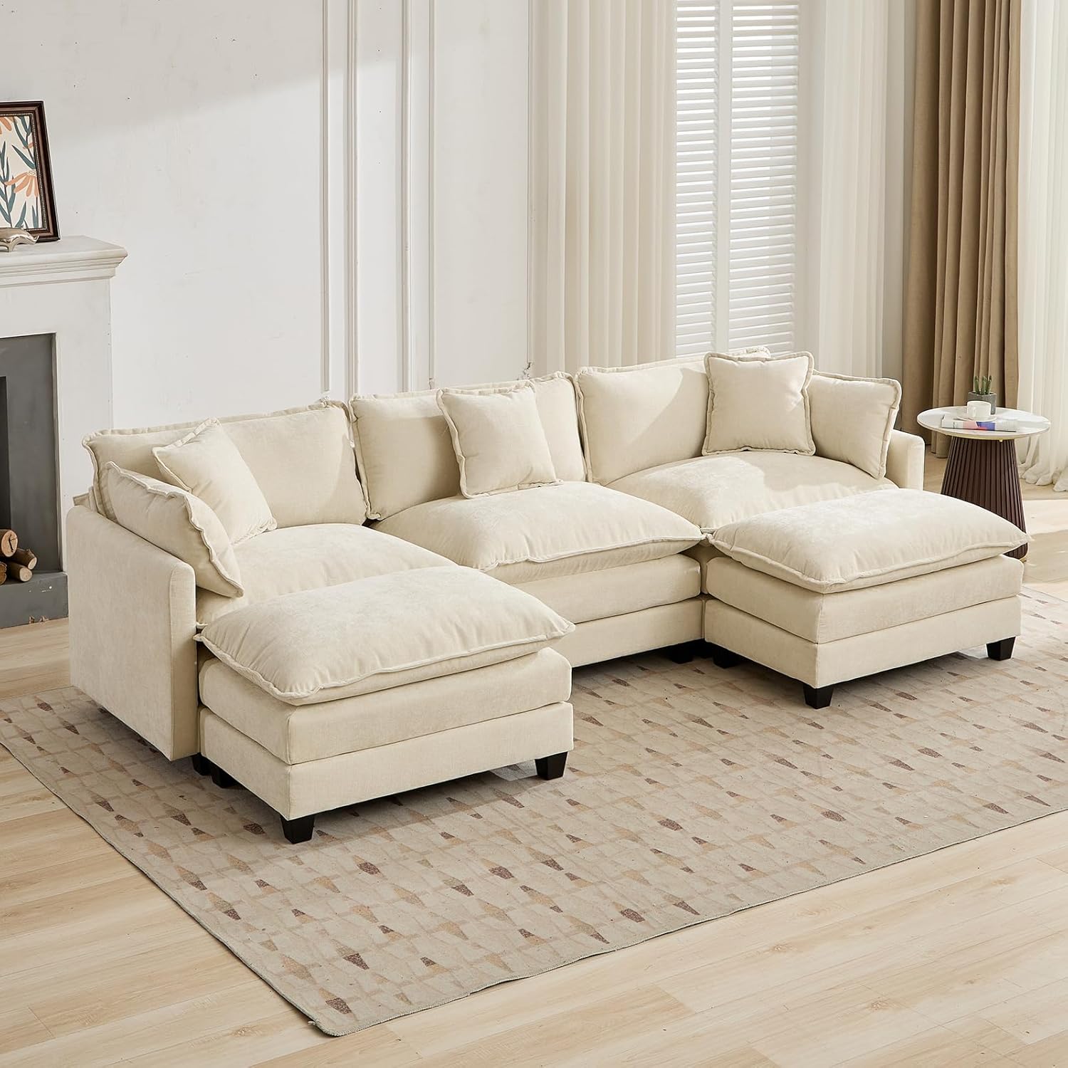 111.5 Beige Modular Sectional Sofa, 3 Seater Large Sectional Couches for Living Room, Ivory Off-White Chenille Fabric Oversized Cloud Couch with Ottoman, Modern Sofas Set, Sofas para Sala, U Shaped