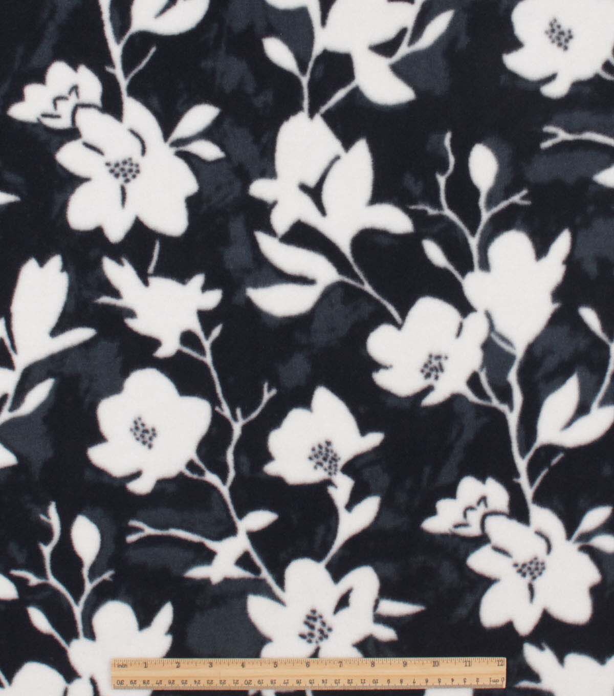 Sketched Floral on Black Anti Pill Plush Fleece Fabric