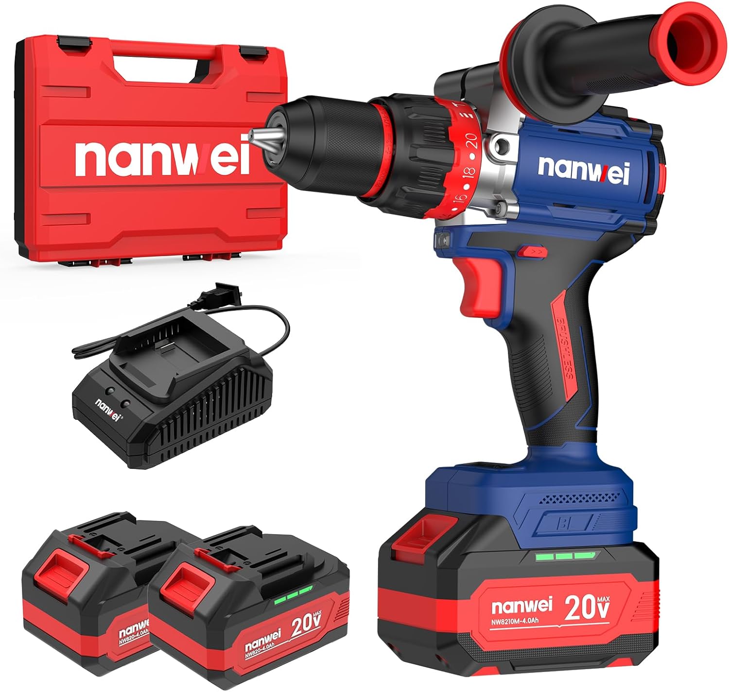 NANWEI Hammer Drill, 1100 in-lbs, 26000BPM, 1/2 Keyless Metal Chuck, 20+1+1 Clutch, 2x4.0Ah Batteries, 20V Brushless Cordless Heavy-duty Impact Drill Kit for Drilling concrete,Brick Wall, Metal, Wood