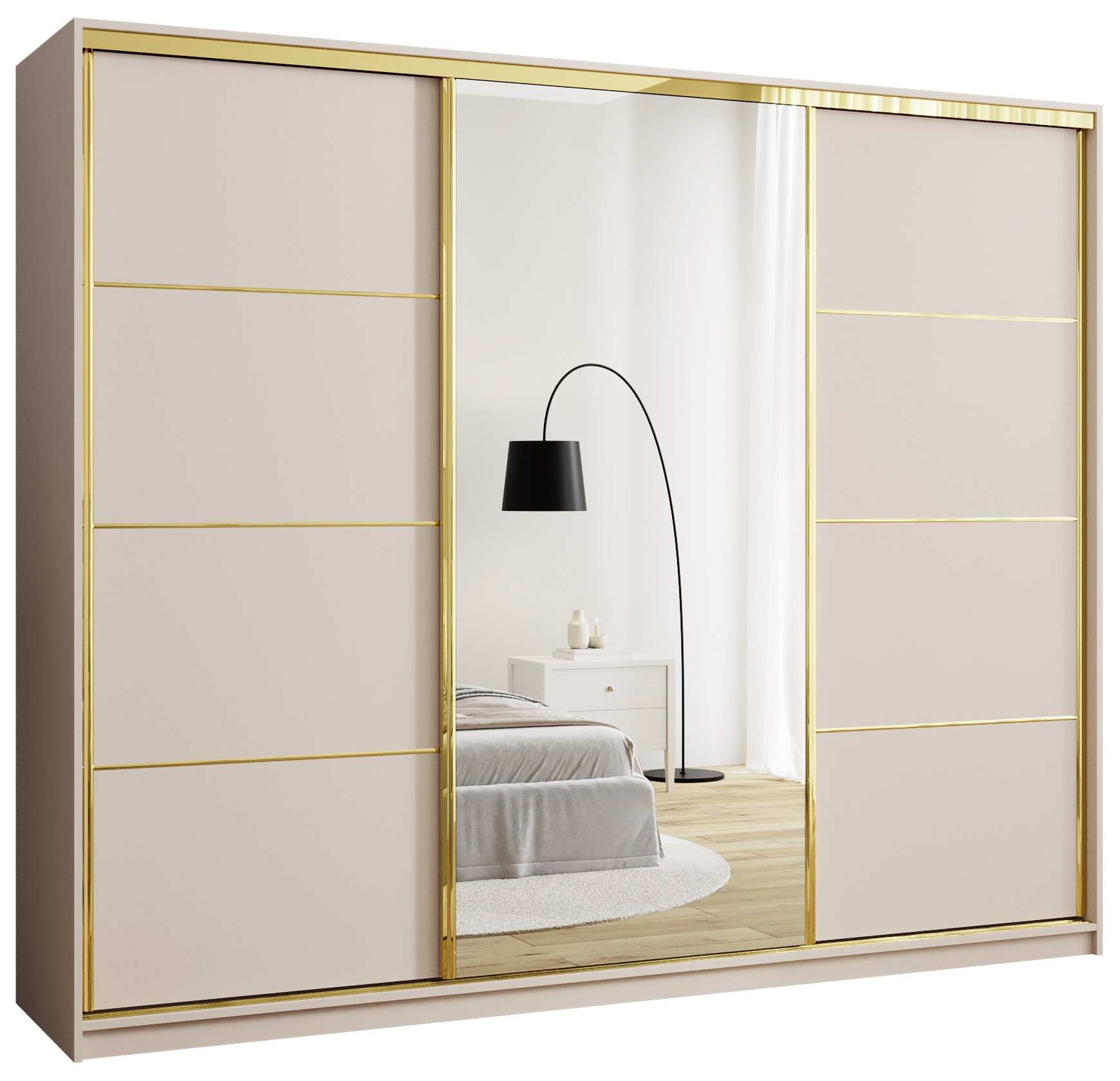 Szafa przesuwna z lustrem 250 cm GOLD NEW trzydrzwiowa szafa z szufladami