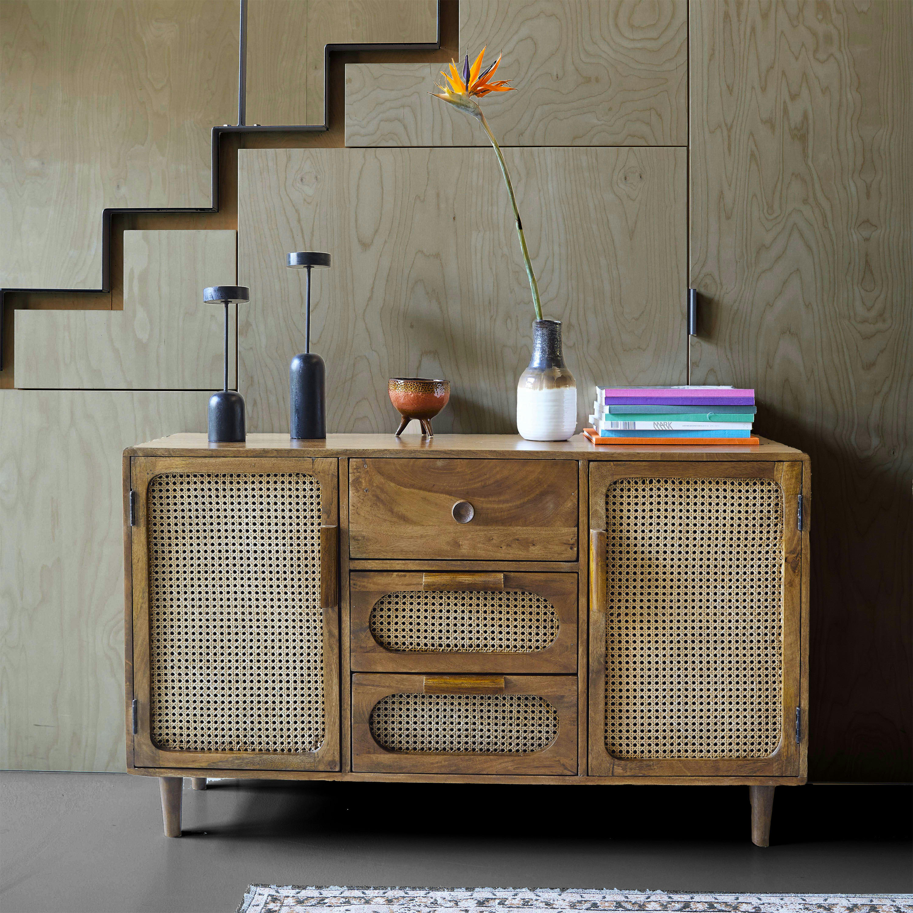 BAHIA - BAHIA-Buffet vintage 2 portes 3 tiroirs, Manguier massi et rotin