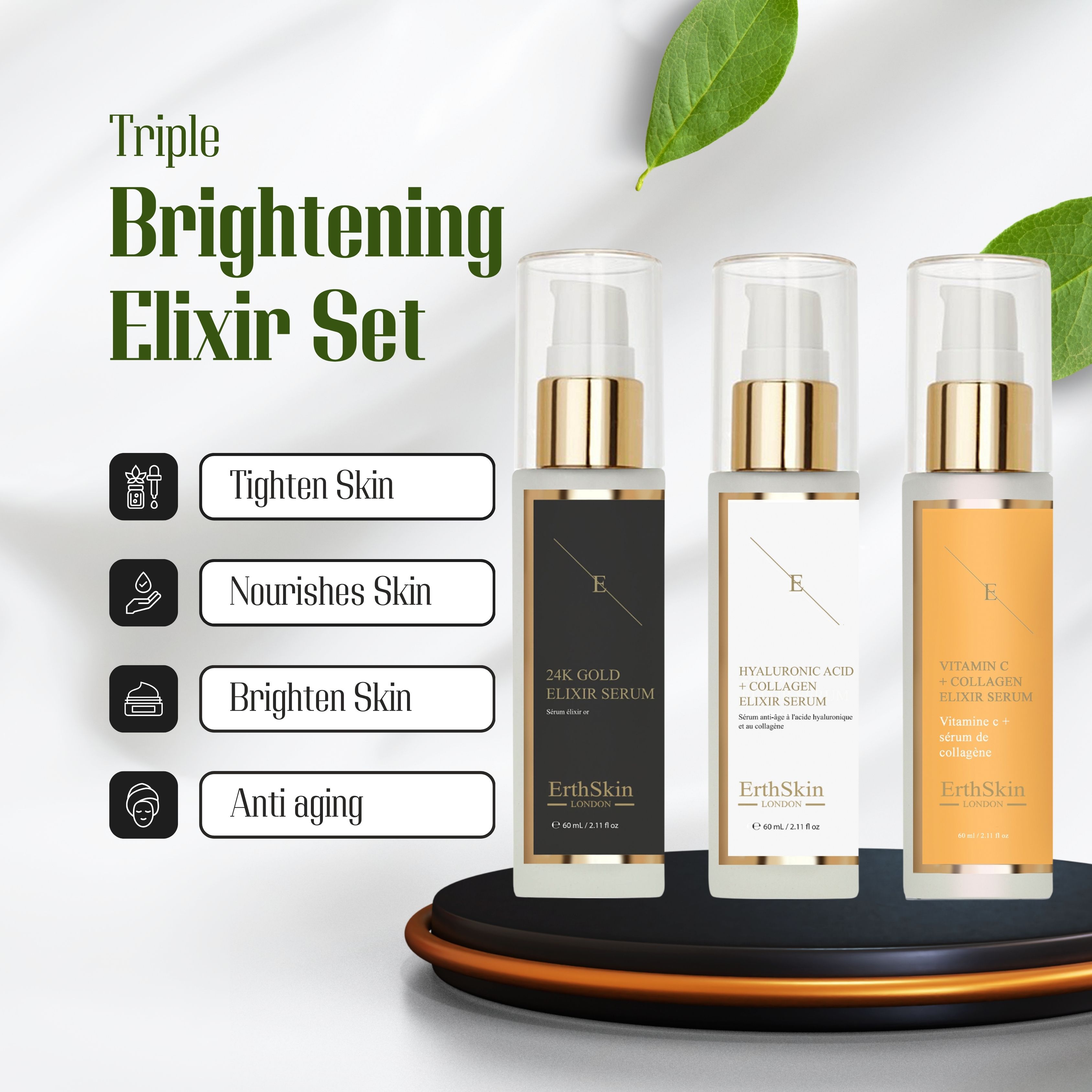 Erth Skin London Glow Trio: Vitamin C, HA Collagen & 24K Gold Serums