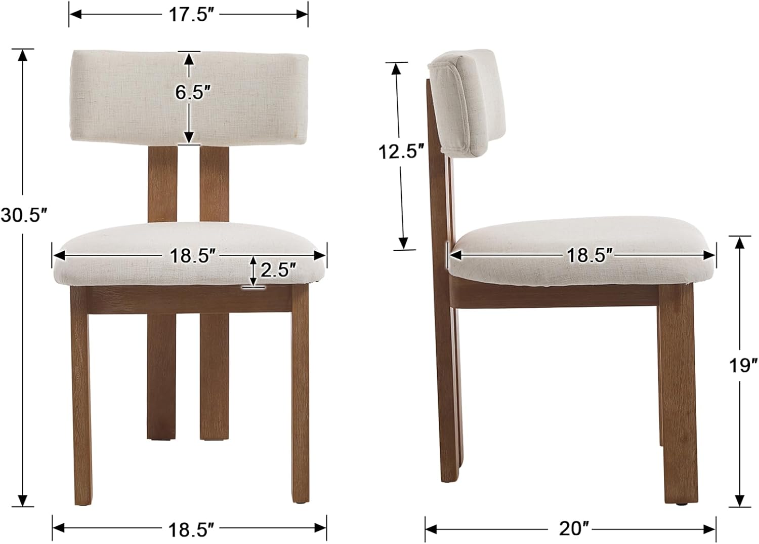 Kmax Farmhouse Dining Chair Set of 6, Linen Fabric Kitchen Chair Curved Back Armless Dining Room Chairs with Walnut Wood Legs for Family Diner, White