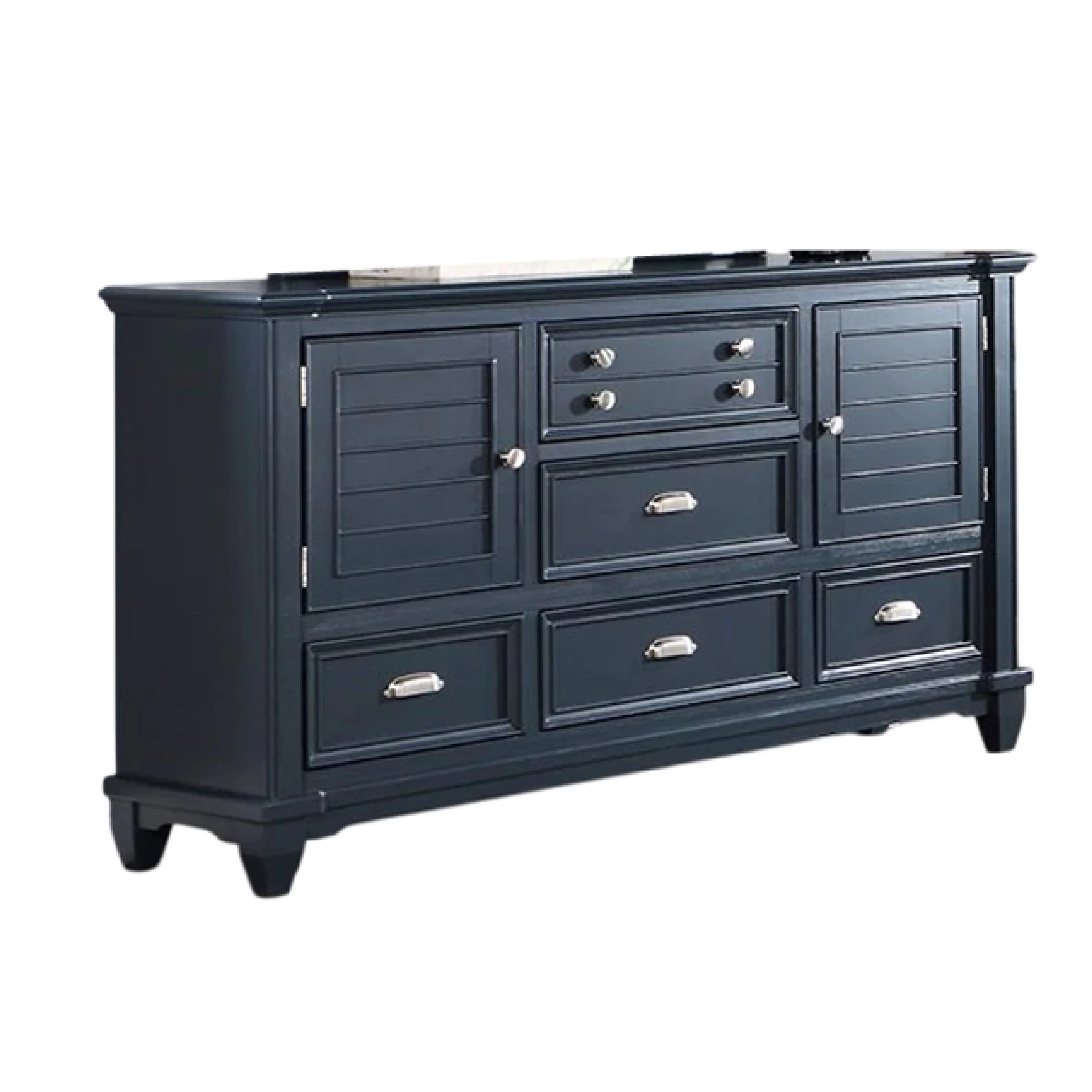 Zeny Wide Dresser, 5 Drawers, 2 Door Cabinets, Slate Blue Solid Wood