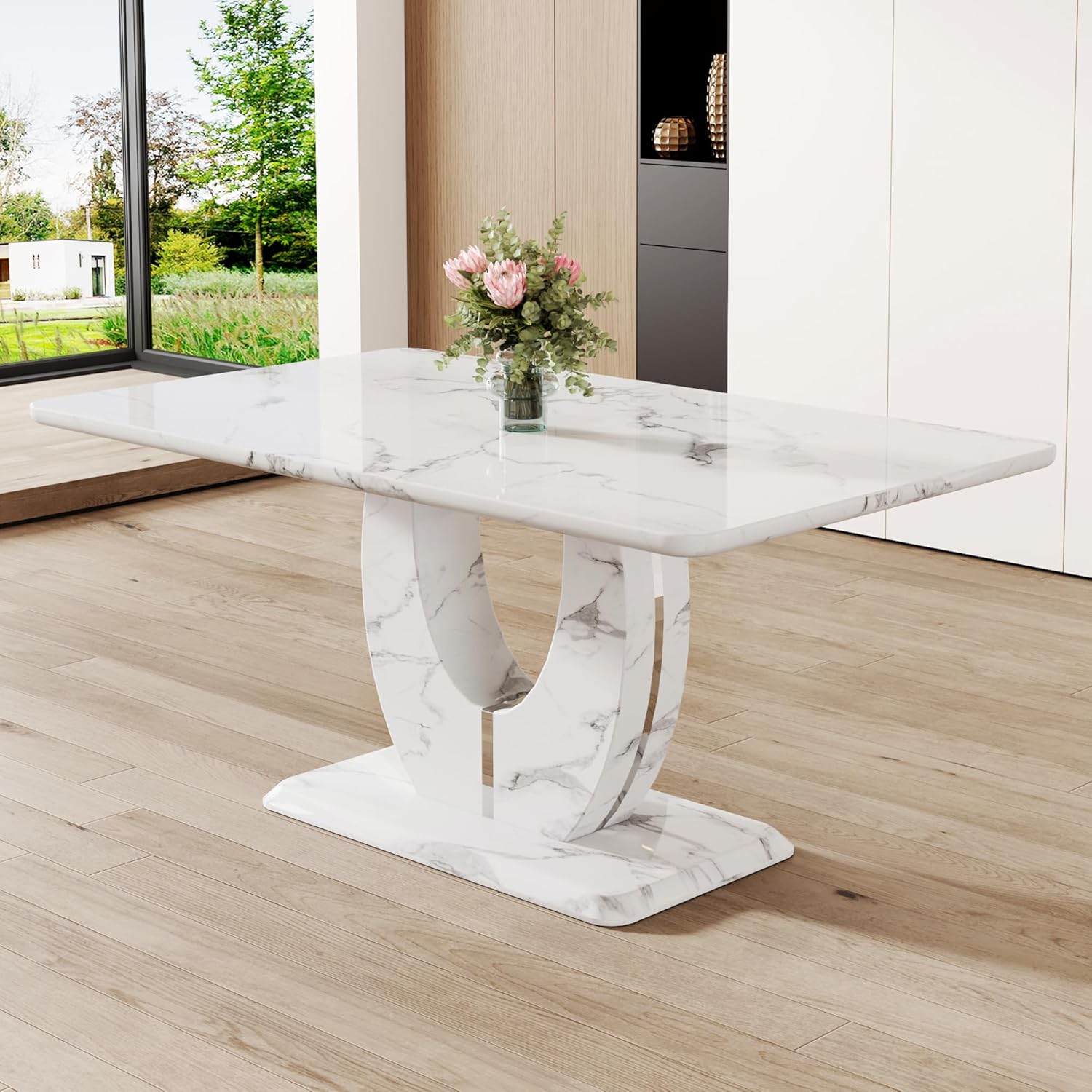 JUFU 63 Faux Marble Dining Table for 6, Modern Rectangular Kitchen & Dining Room Table, White Marble-Look MDF Top with U-Shaped Pedestal Base, Easy to Assemble