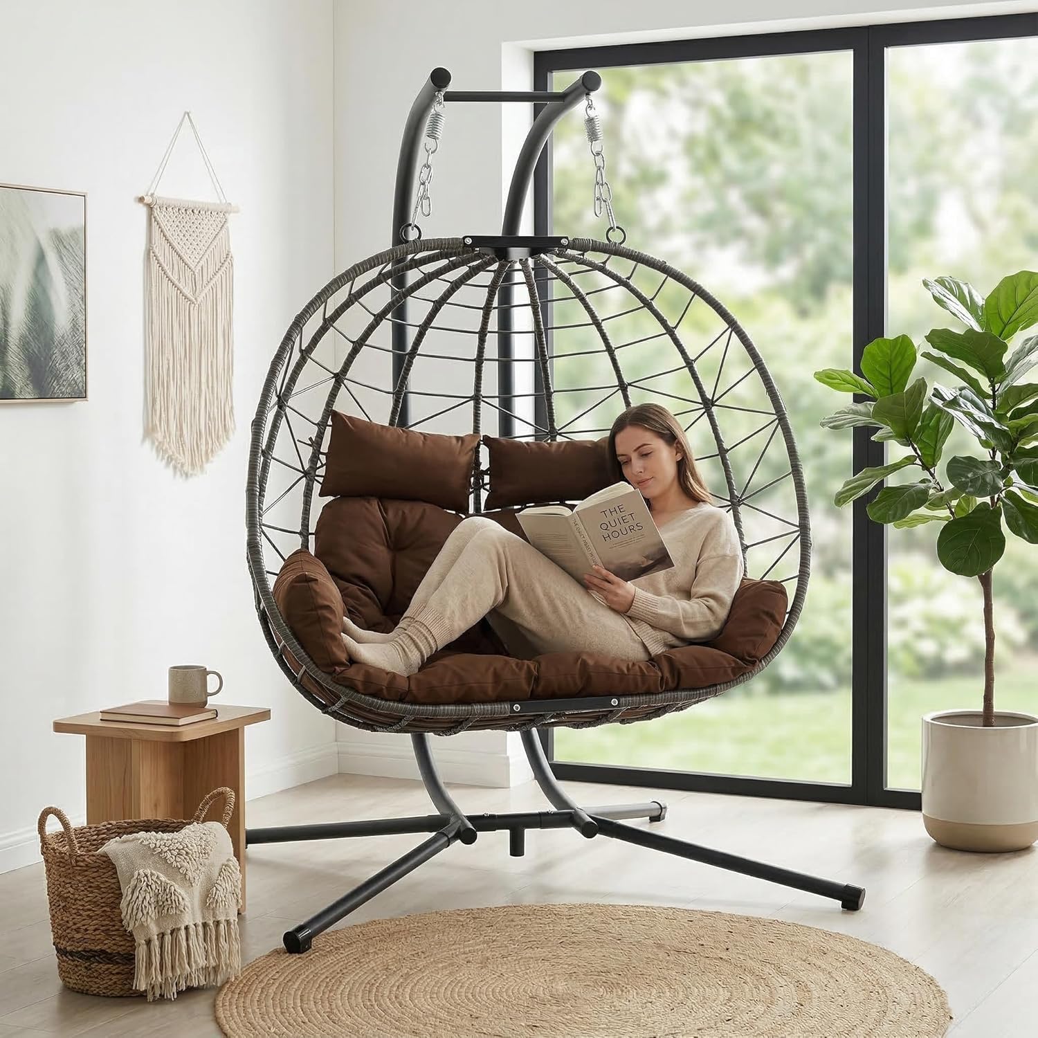 Double Hanging Egg Chair with Stand, 2 Person Oversized Patio Hammock Swing Chair with Plush Cushion and Headrest, Heavy Duty Wicker Loveseat for Indoor, Outdoor, Bedroom, Balcony, Garden (Brown)