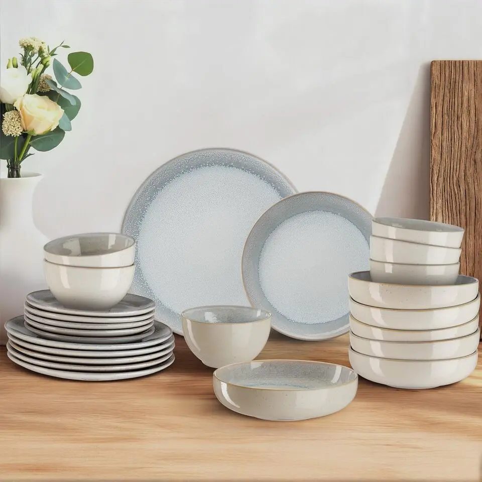 tectake Serviesset Mare van aardewerk, voor 6 personen, Zandkleur