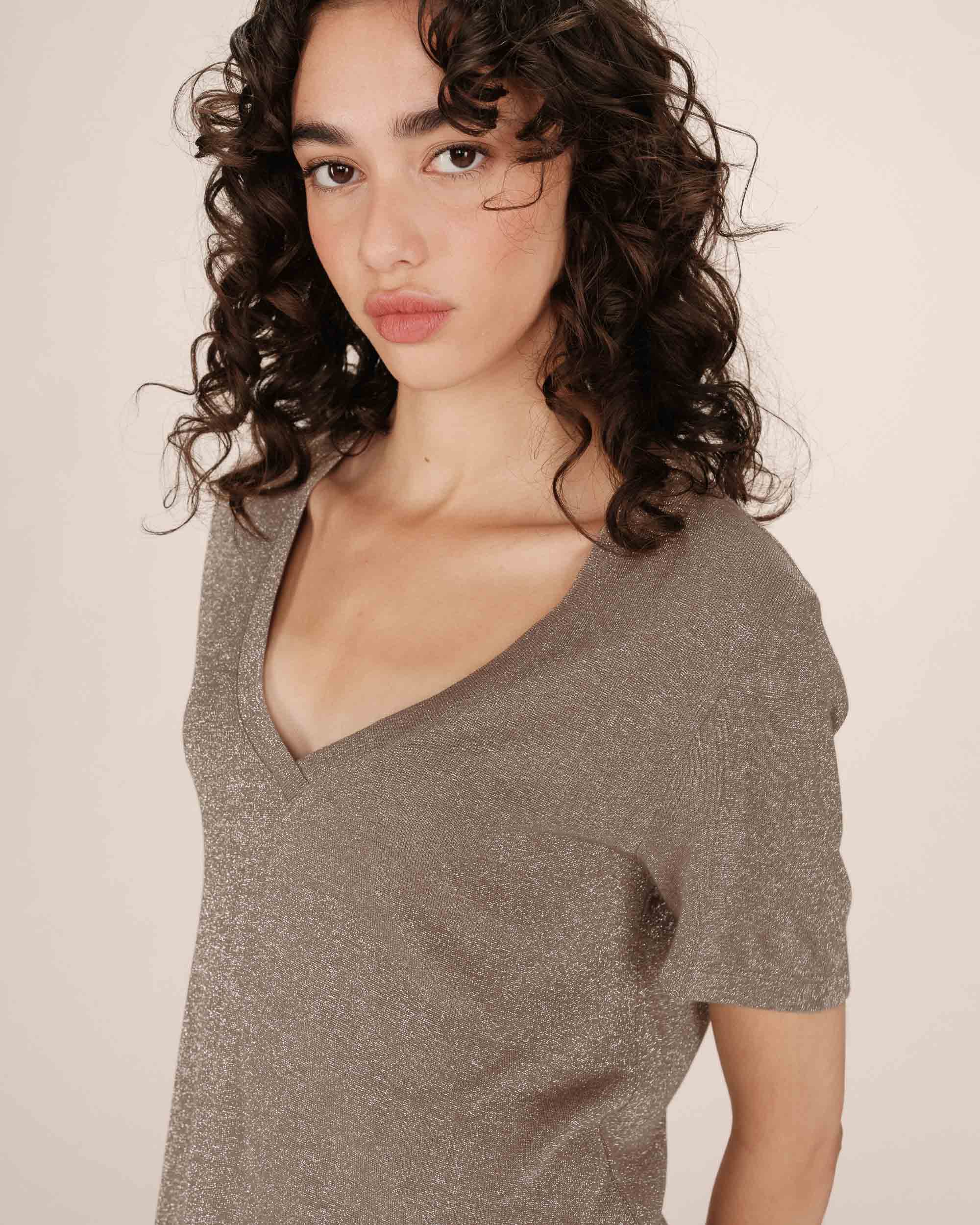 T-shirt col v en lurex greige Stardust