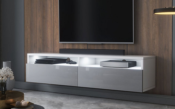 Meuble TV 140 cm blanc mat/gris brillant LED avec 2 compartiments REDNAW