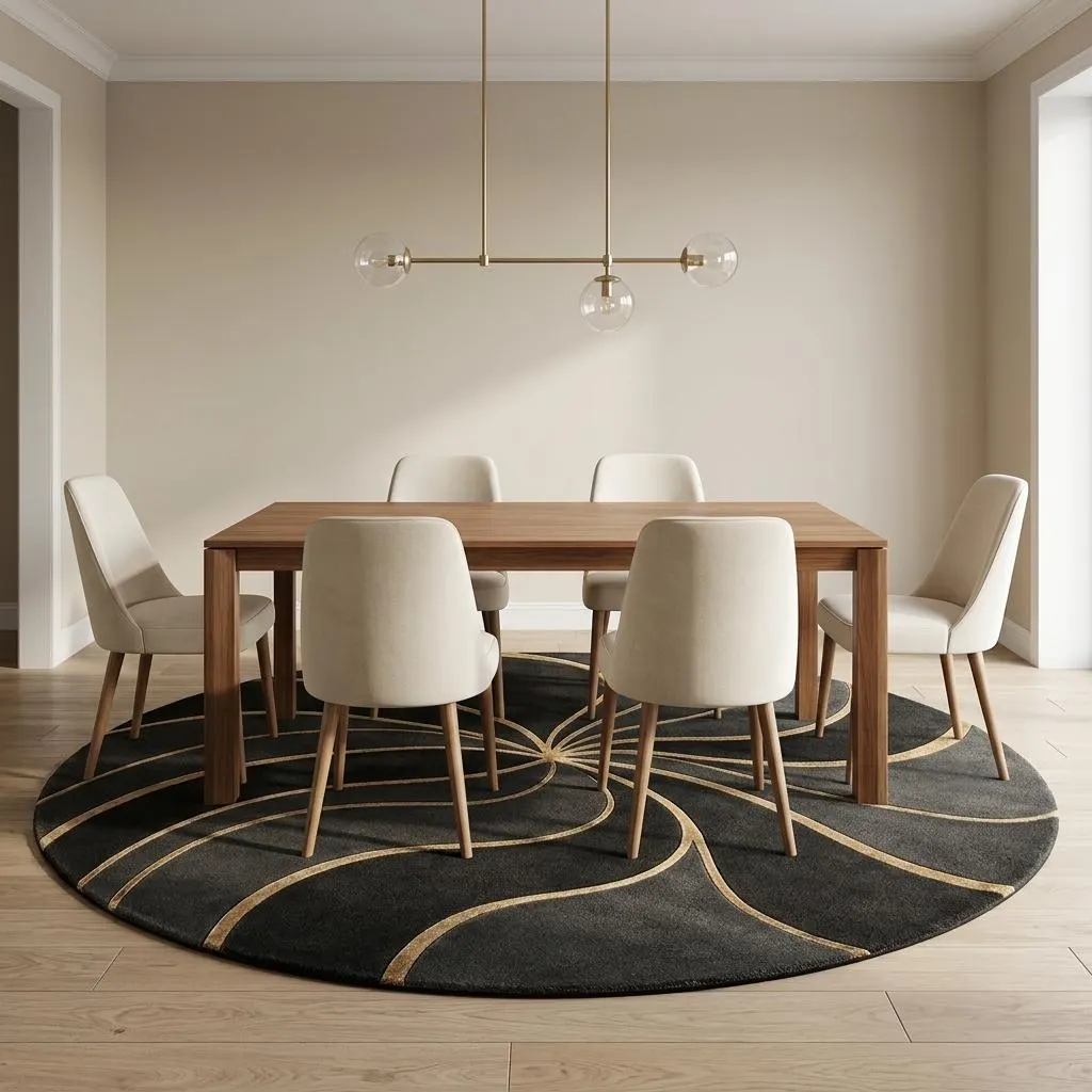Black Gold Round Rug, Hand Tufted Wool Area Rug, Abstract Flowing Pattern, Modern Luxury Statement Carpet