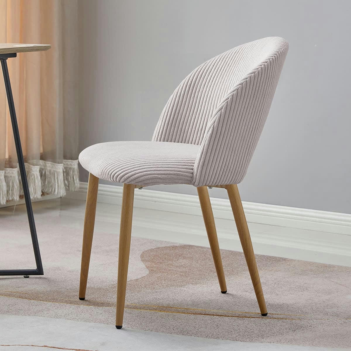 MOSS - Lot de 2 chaises en velours côtelé beige, piètement effet bois