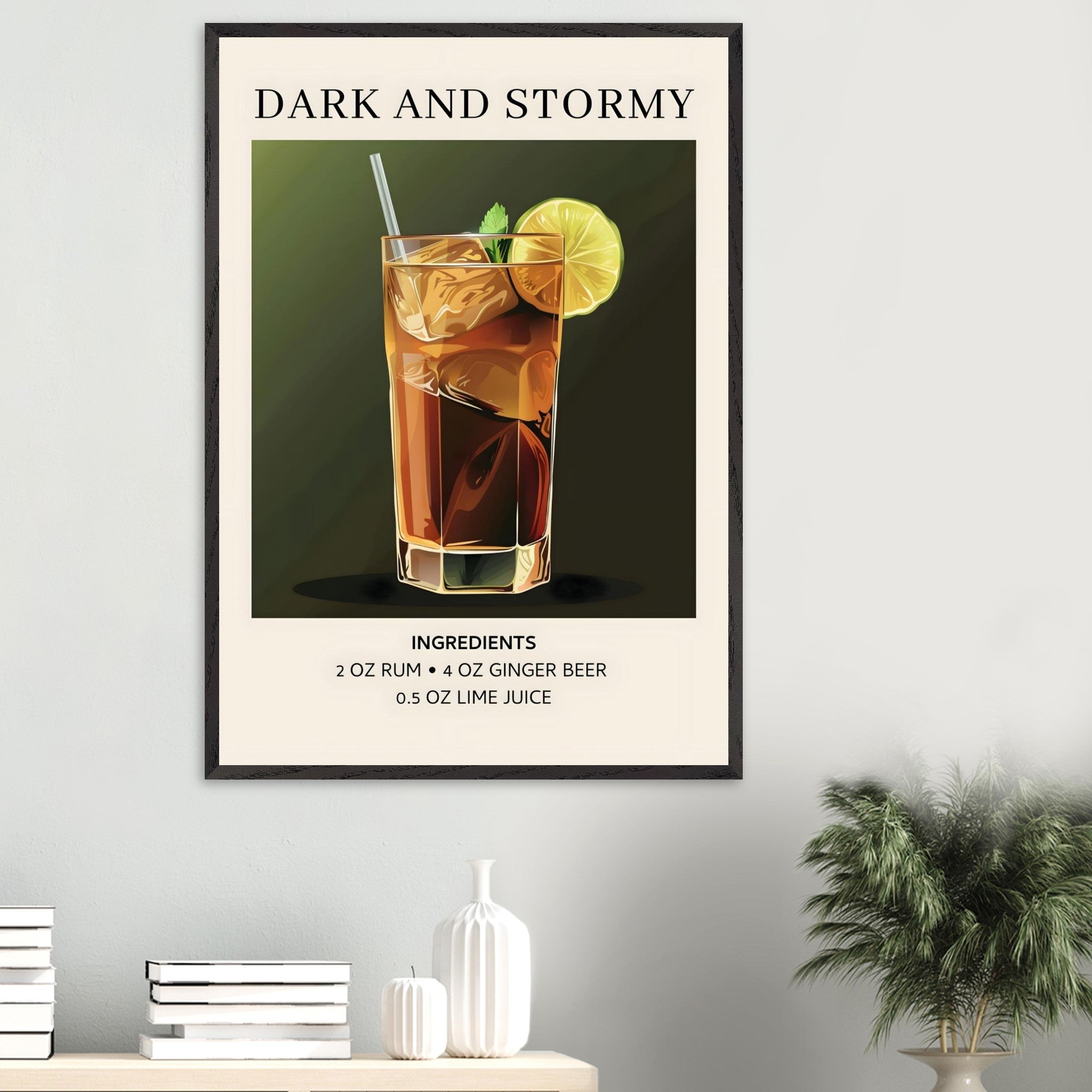 Artfulprints Poster Dark and Stormy cocktail - Ingrediënten  - 70x100 cm - Donkergroen