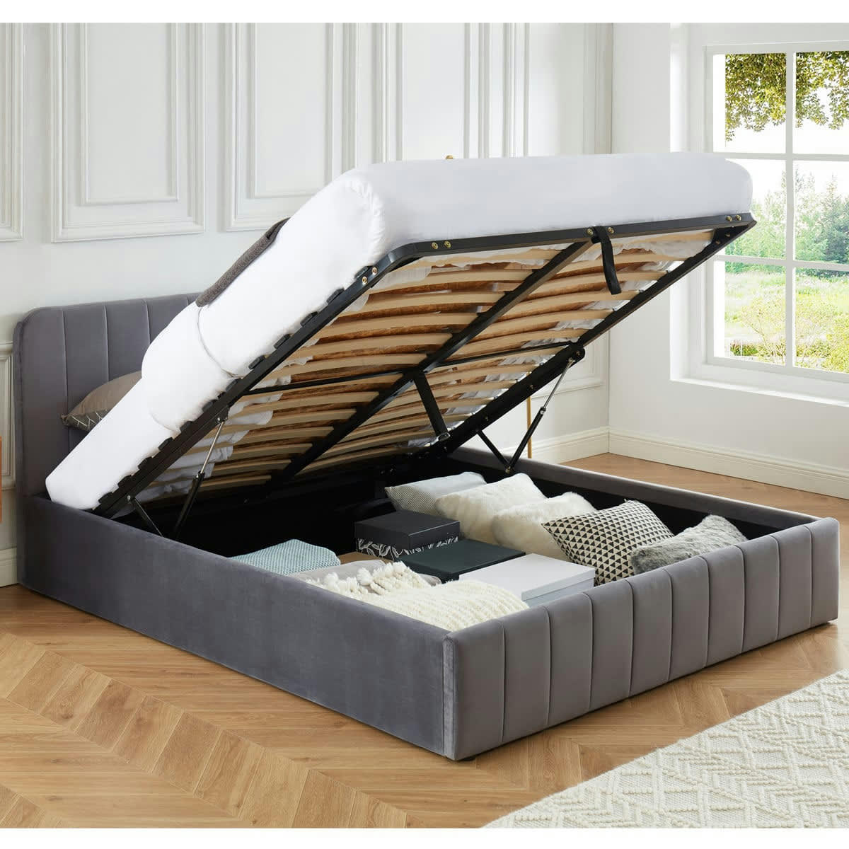 AVA - Lit coffre 160x200cm en velours gris + tête de lit + sommier à lattes