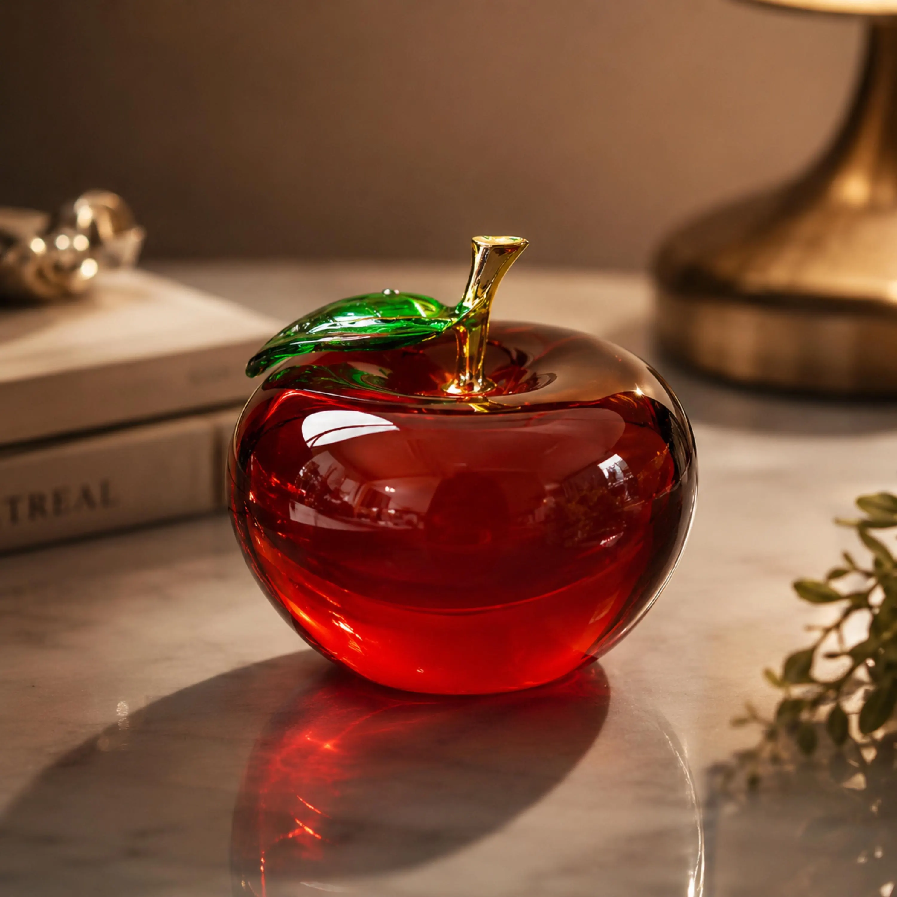 Glass Apple Crystal Golden Ornament Kitchen Shelf Unique Decor Fruit Sculpture Modern Paperweight Desk Accessory Luxury Gift Cute Chef Chefy