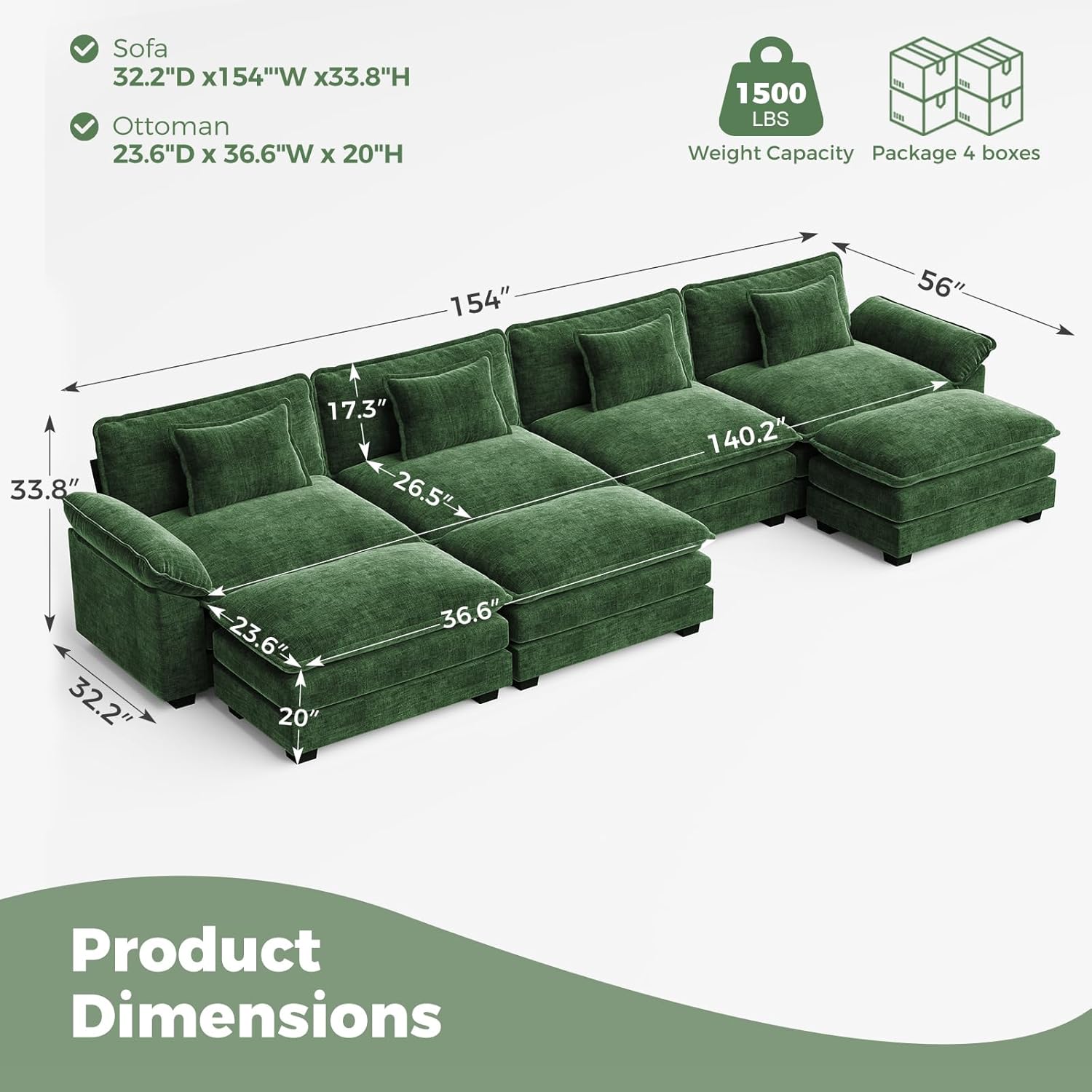 CDCASA 154 Modular Sectional Sofa, Comfy U-Shaped Cloud Couch with 3 Movable Ottomans, Oversized 7-Seater Chenille Deep Seat Sofa Couch for Living Room, DIY Combination, Green