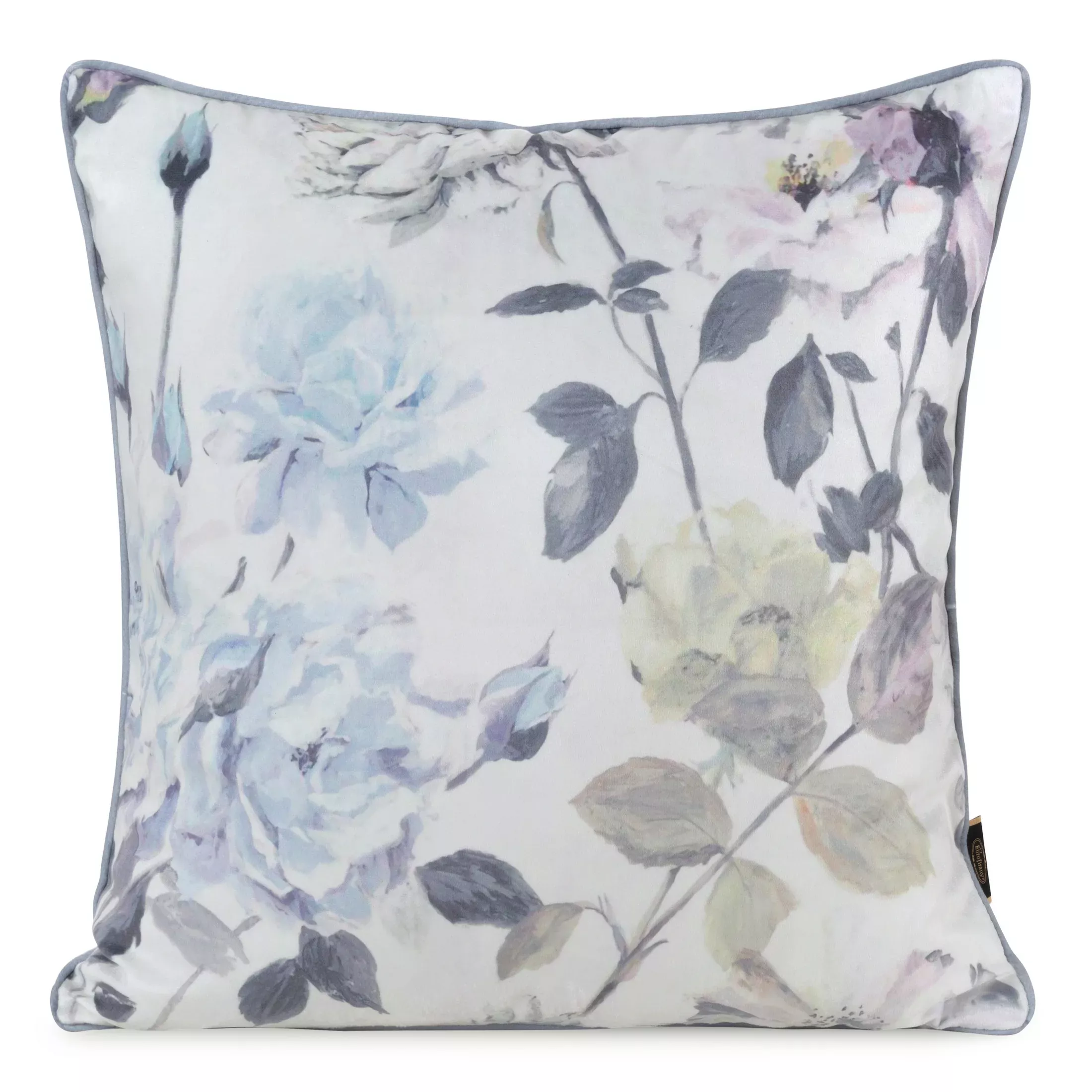 Poszewka na poduszkę 45x45 cm welwetowa, kremowo niebieska z nadrukiem pastelowych kwiatów VELVET 151 Eurofirany Premium