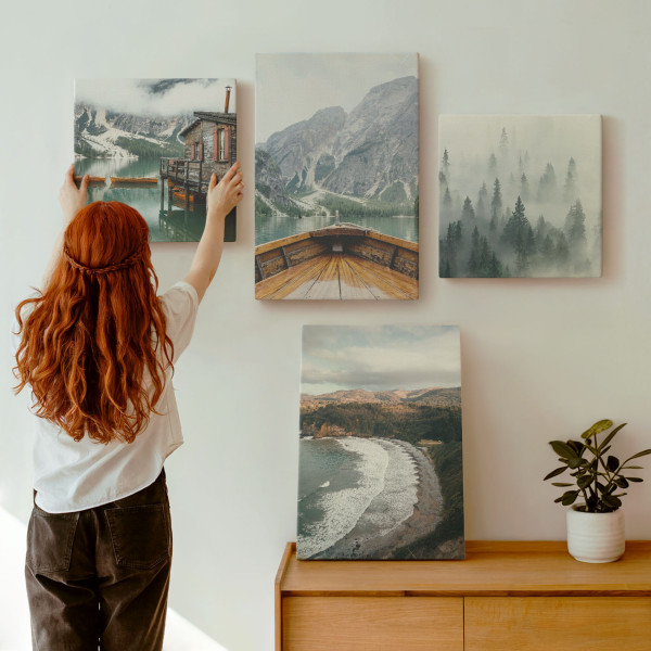 Obraz canvas 4 częściowy Góry jezioro mgła |40x40, 40x60| Wallfluent