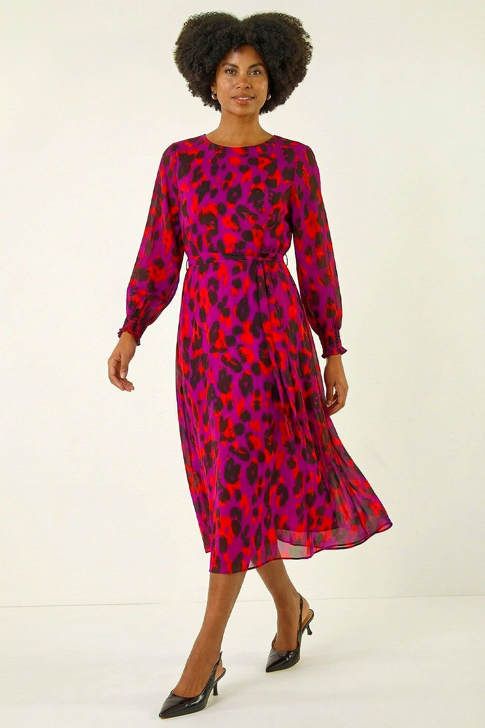 Roman Animal Print Shirred Midi Dress