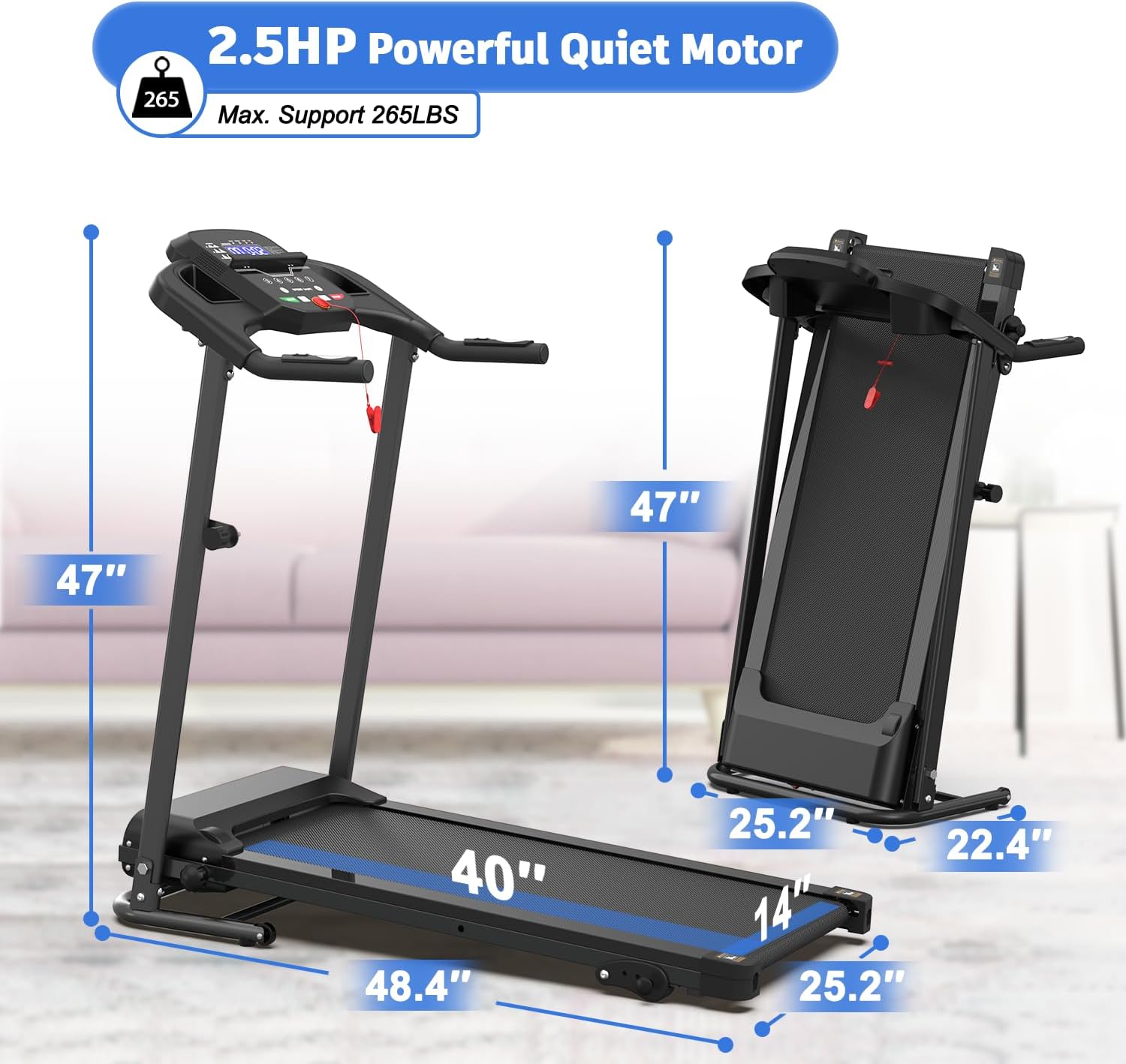 Treadmills for Home Treadmill with 5.6% Incline Walking Pad Treadmill Running Machine 3.0 HP Quiet Brushless, 350 Lbs Capacity, App, Heart Rate Monitor, Holder for Cup & Phone
