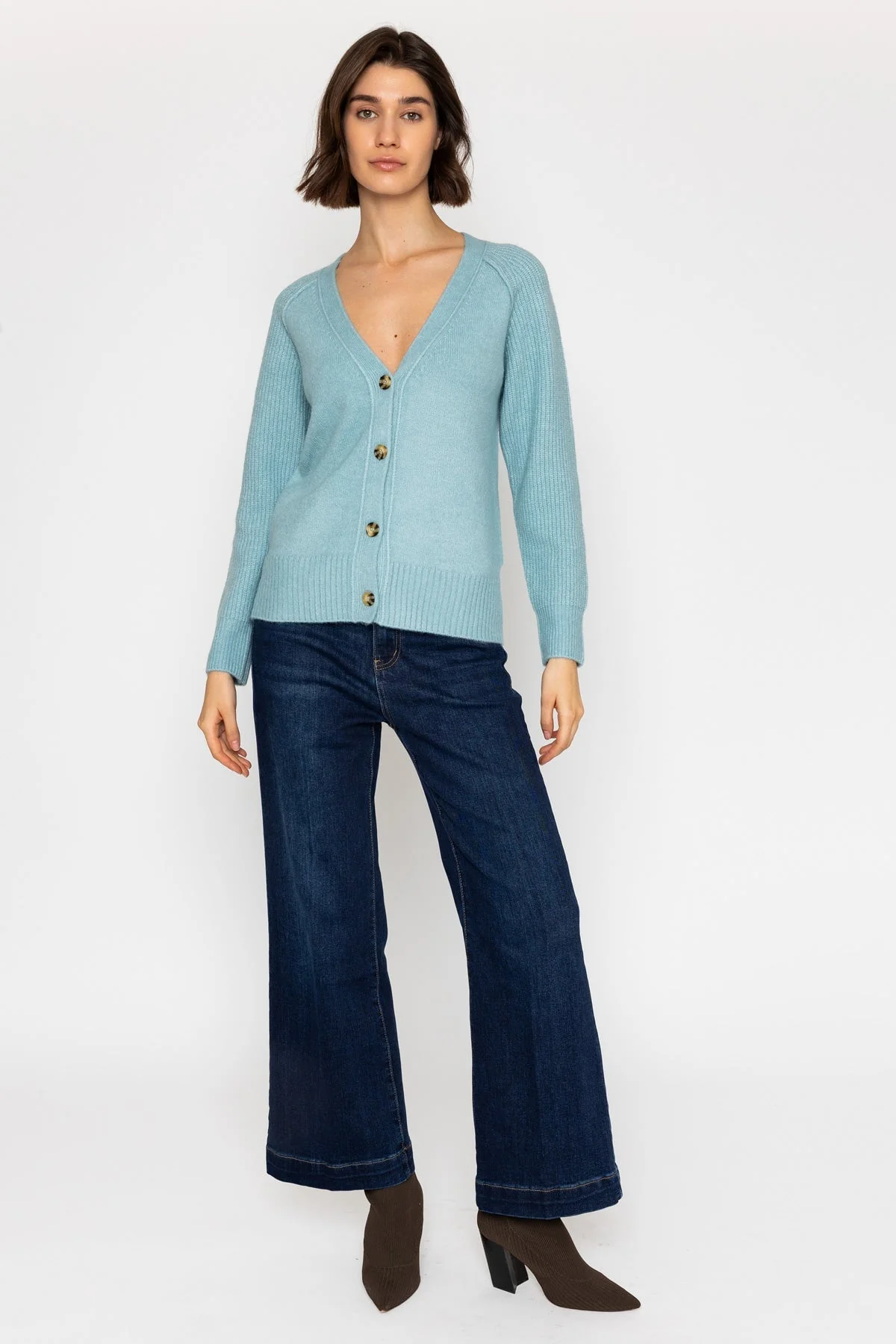 Mint Cardigan with Ribbed Sleeves