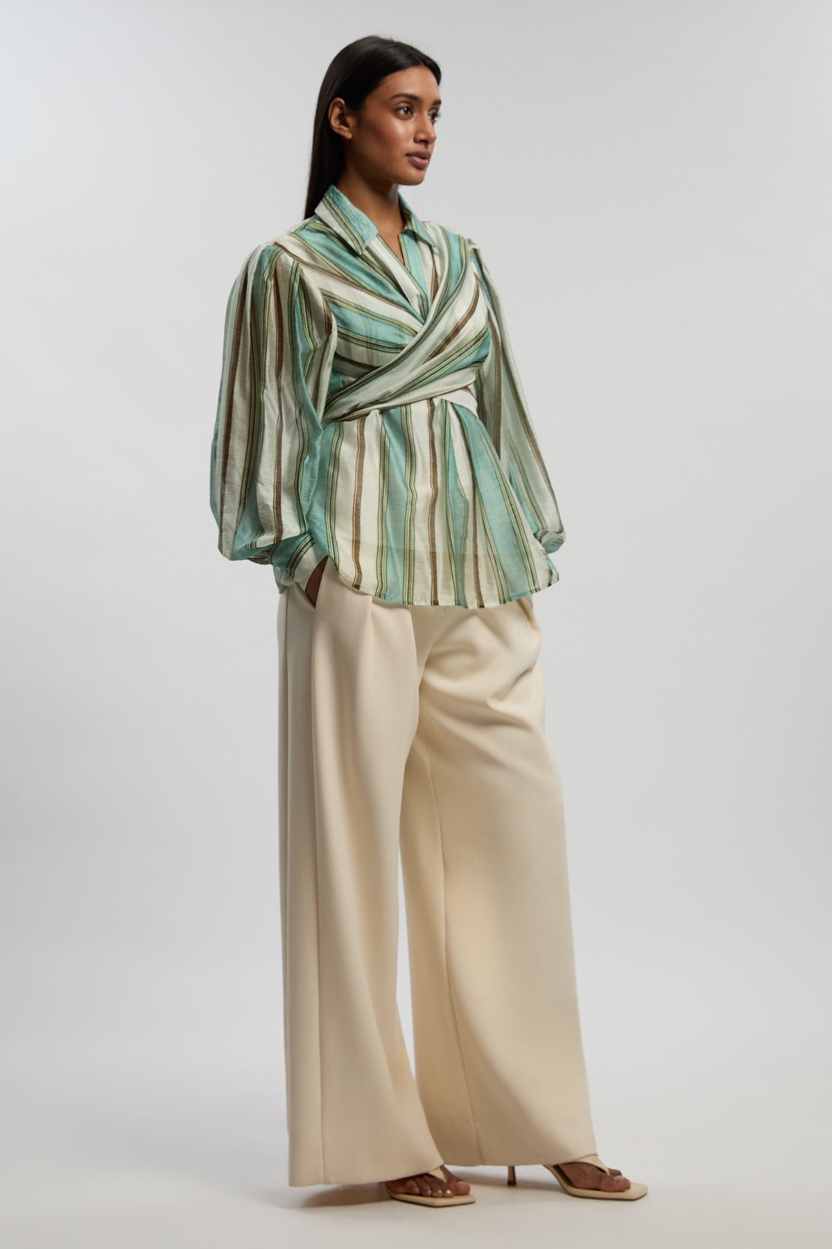 KarenMillen Stripe Slub Organdie Drama Sleeve Woven Wrap Detail Blouse