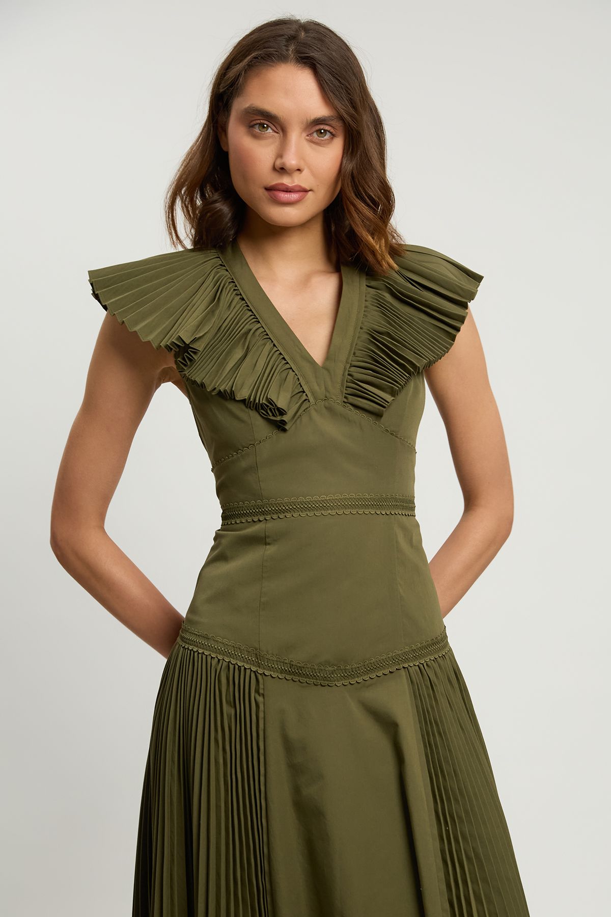 KarenMillen Cotton Poplin Pleat Detail Woven Midi Dress