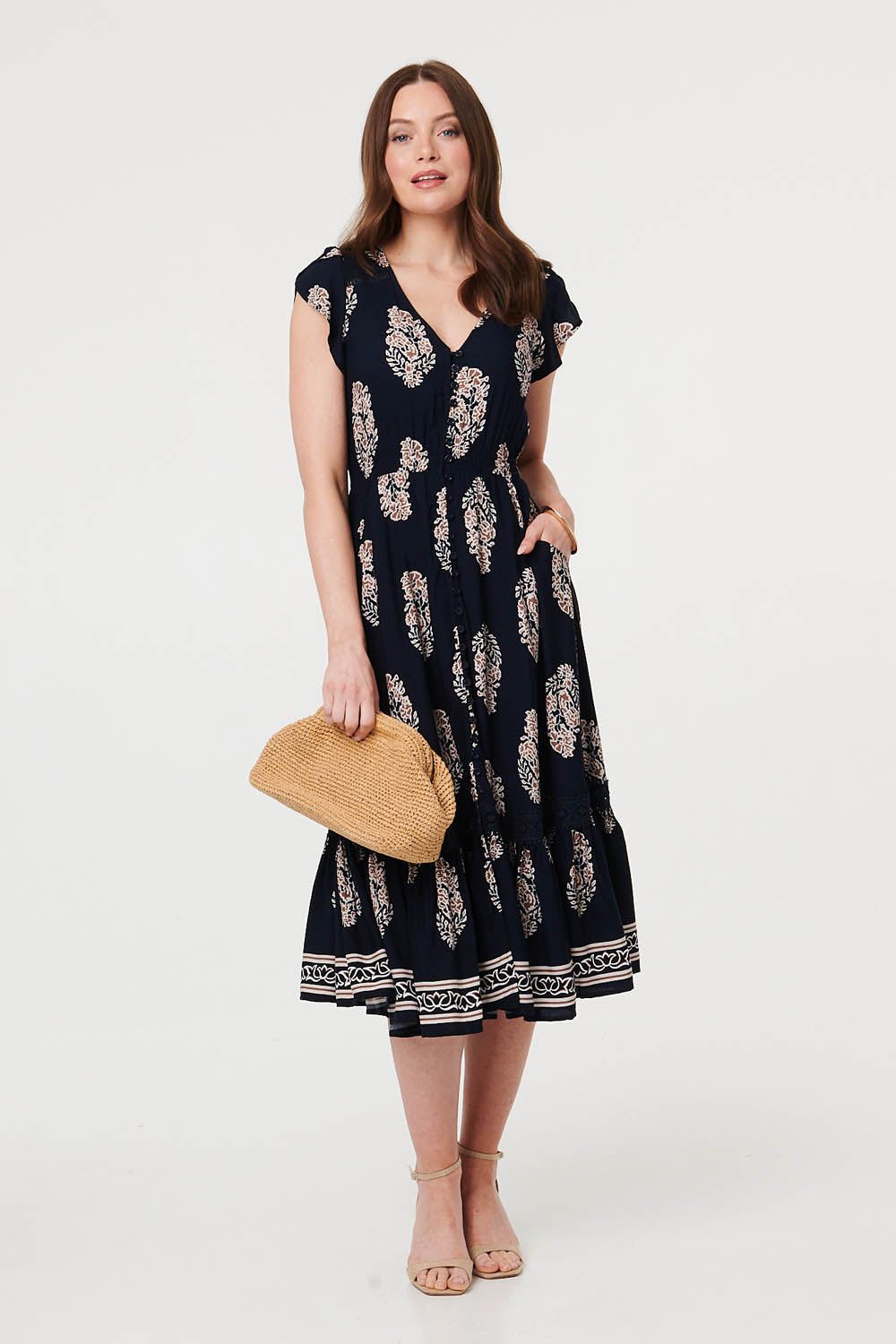Izabel London Printed Shirred Cap Sleeve Midi Dress