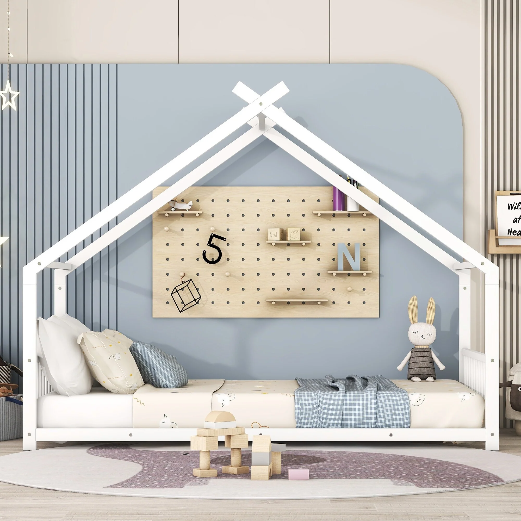 Playhouse Design Twin Bed with Roof and Metal Frame, Perfect for Kids' Rooms